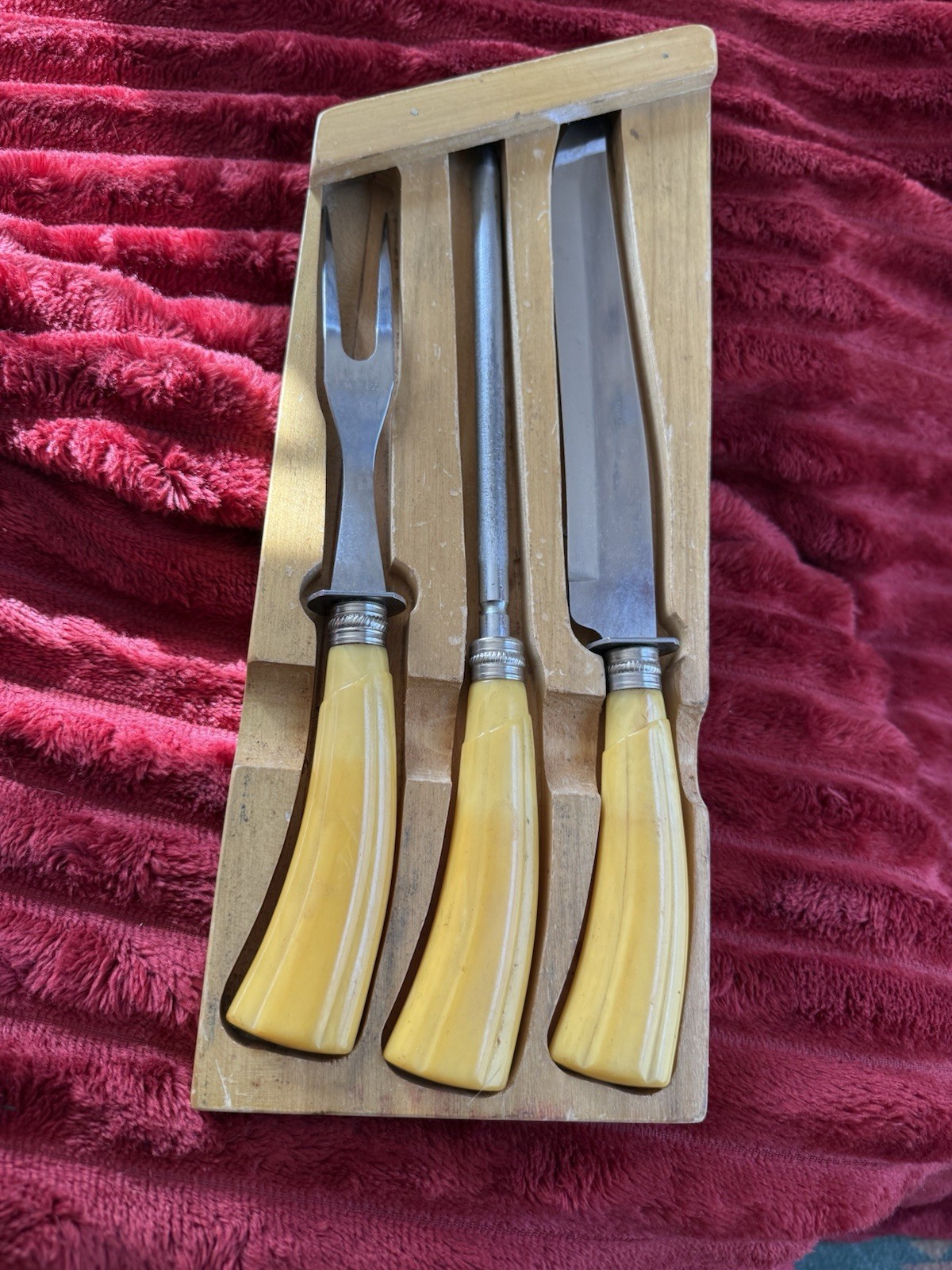 Early Washington Forge Carving Set Bakelite Plastic Butterscotch Handles Vintage