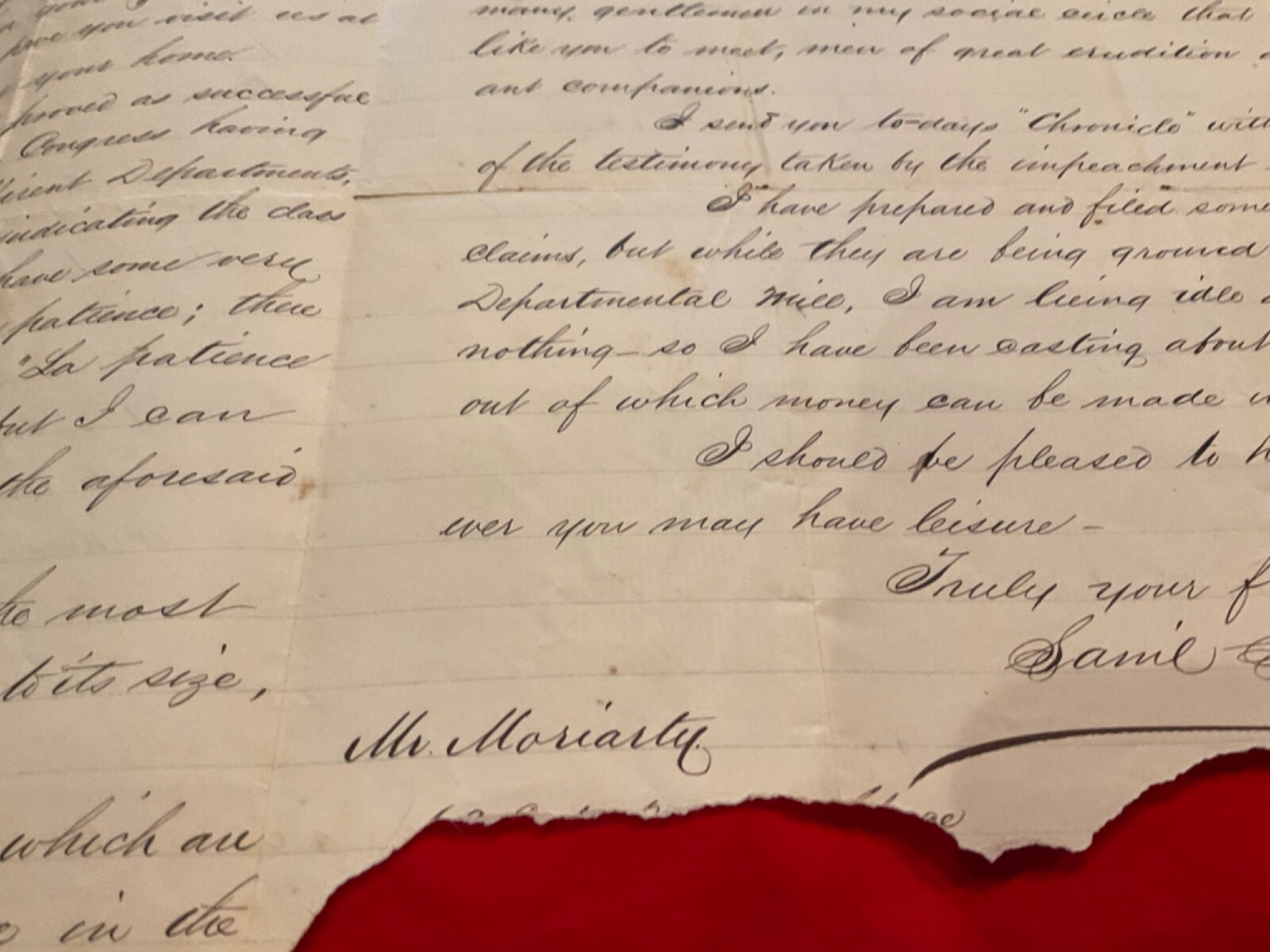 ANDREW JOHNSON DEPRAVITY & CORRUPTION LETTER WASHINGTON MOST CORRUPT TOWN