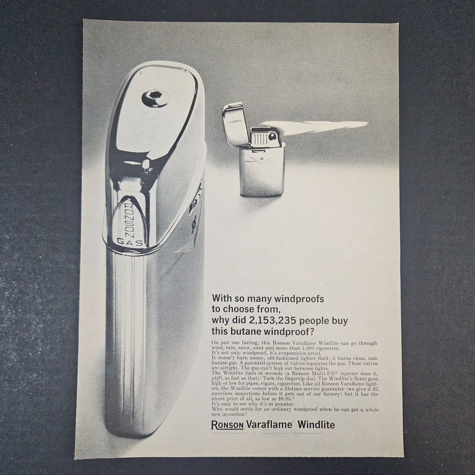 1966 Ronson Varaflame Windlite WIndproof Lighter Vintage Print Ad Woodbridge NJ