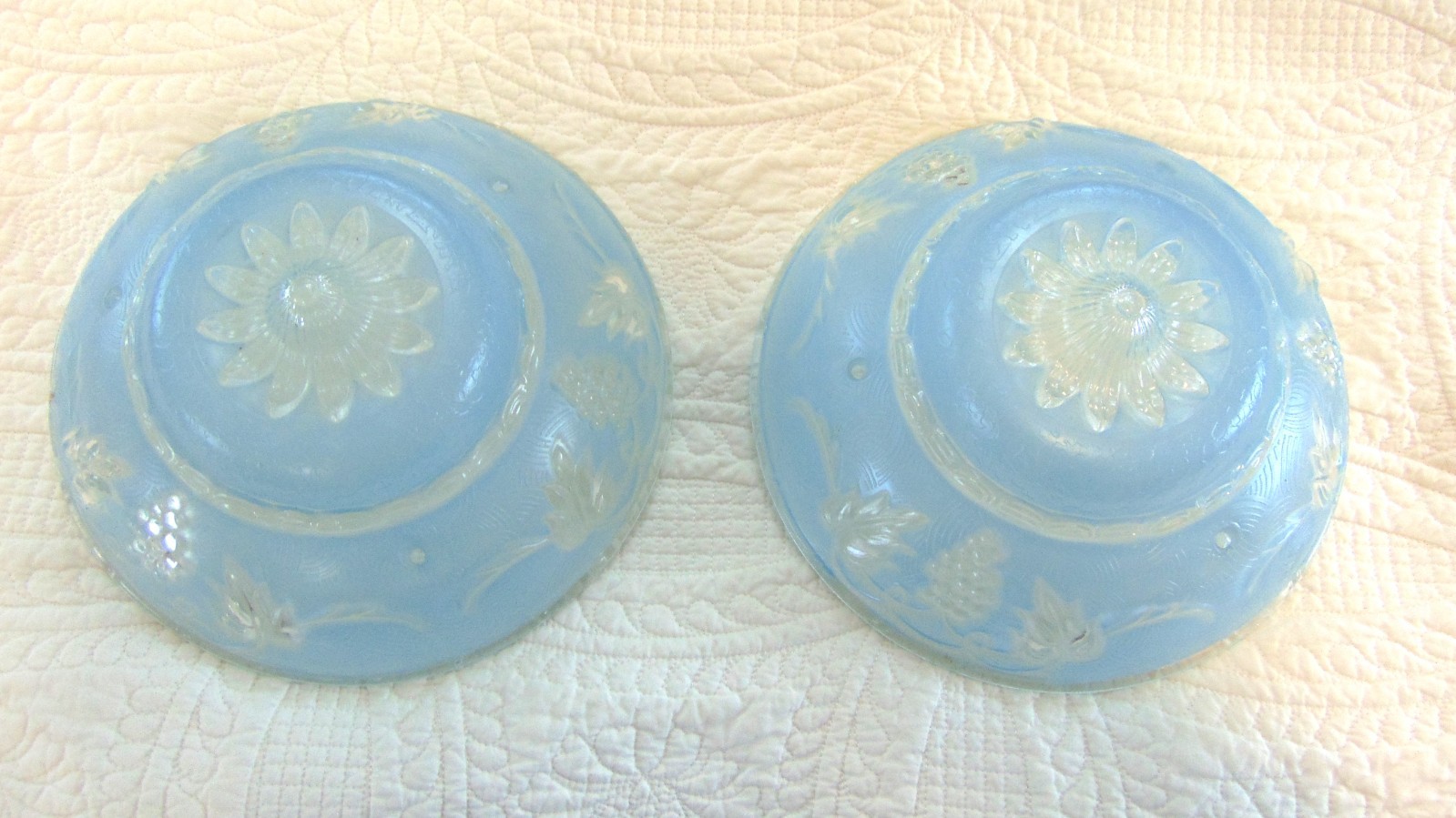 2 Vintage Art Deco Blue & Clear Glass Ceiling Light Shade– 3 Hole Chain Mount