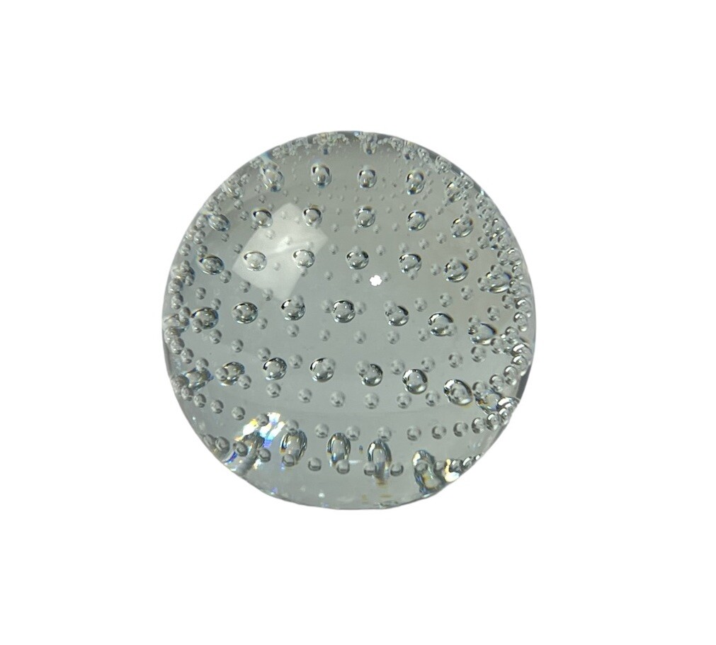 Hand Blown Art Glass Clear White Bubble 3” Round Sphere Paperweight