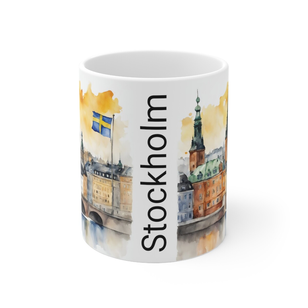 Watercolor STOCKHOLM Sweden landscape with a national flag Mug cup 11oz