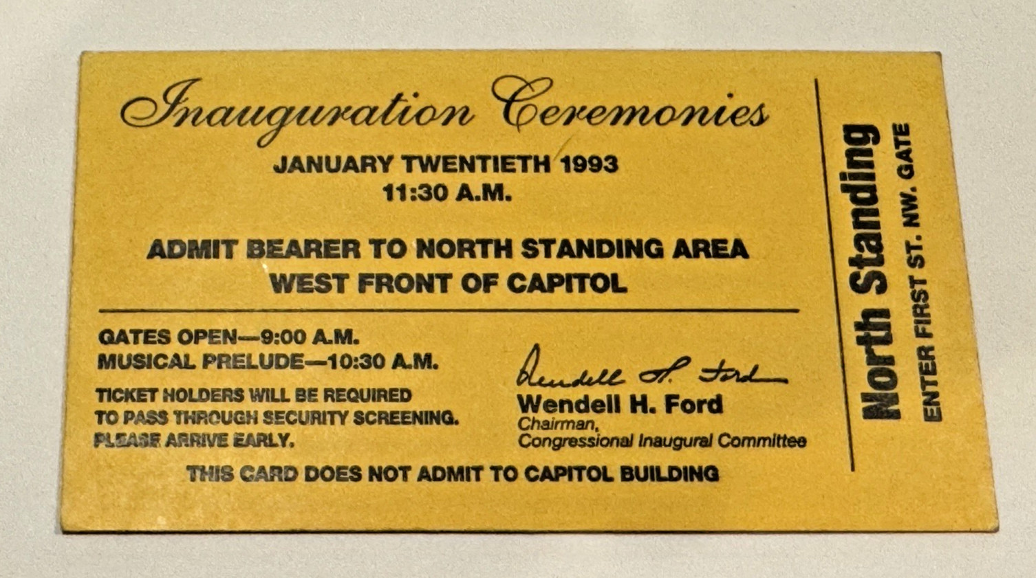 FREE SHIP! 1993 Bill Clinton Presidential Inauguration Ceremonies Ticket South