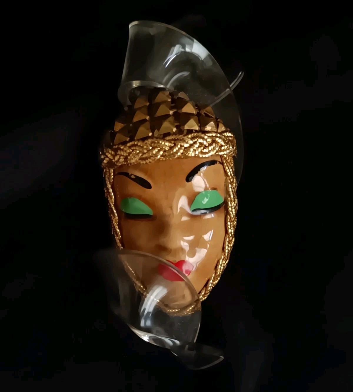 Vintage Lucite & Ceramic Glazed Ethnic Brooch Hand painted Early Plastic Rare