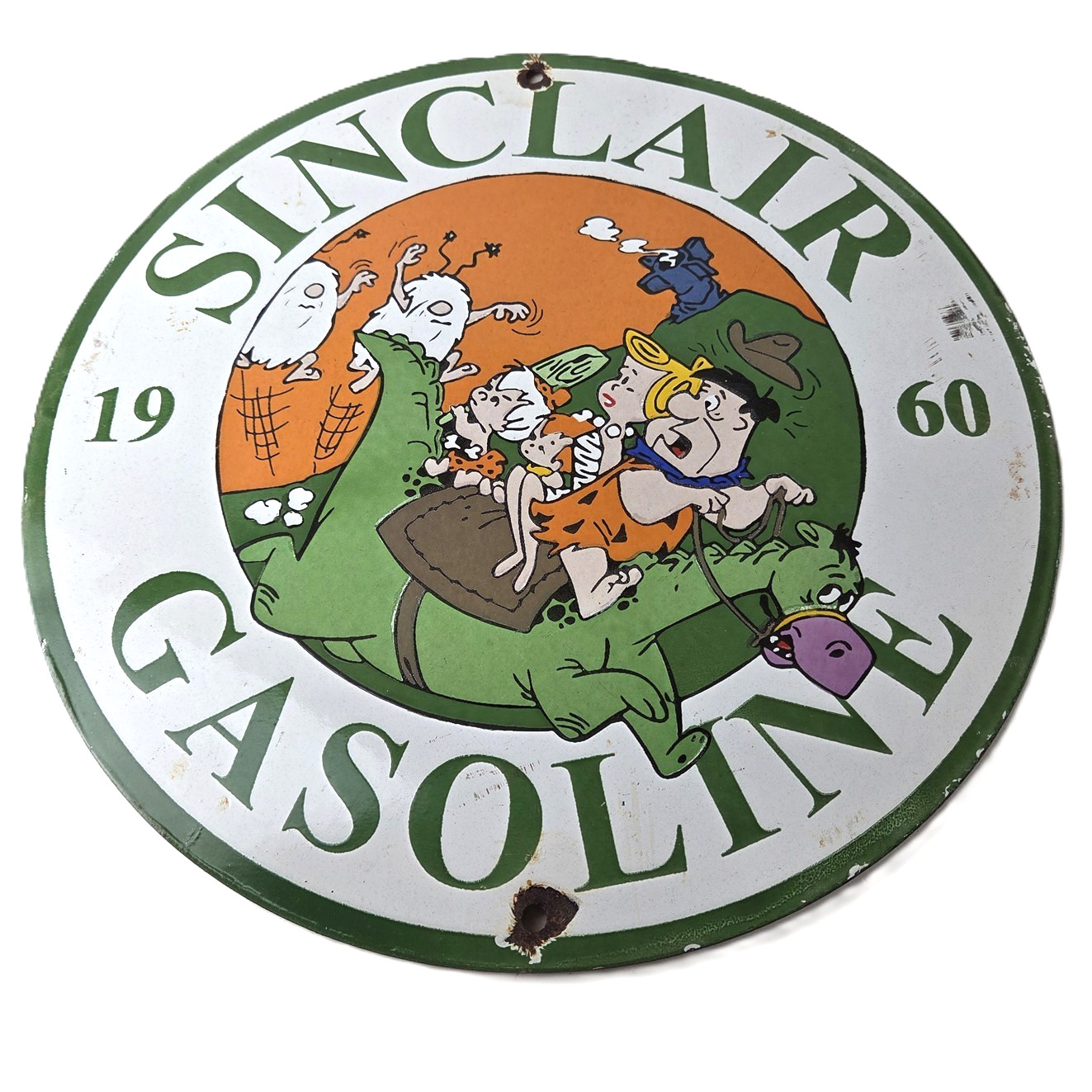 Vintage Sinclair Gasoline Sign – Porcelain Flintstones Gas Pump Station Ad Sign