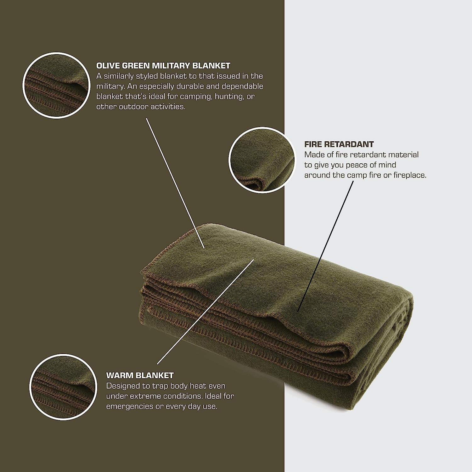 Ever Ready Warm Wool Fire Retardant Blanket 66″ x 90″ US Military Style – Green