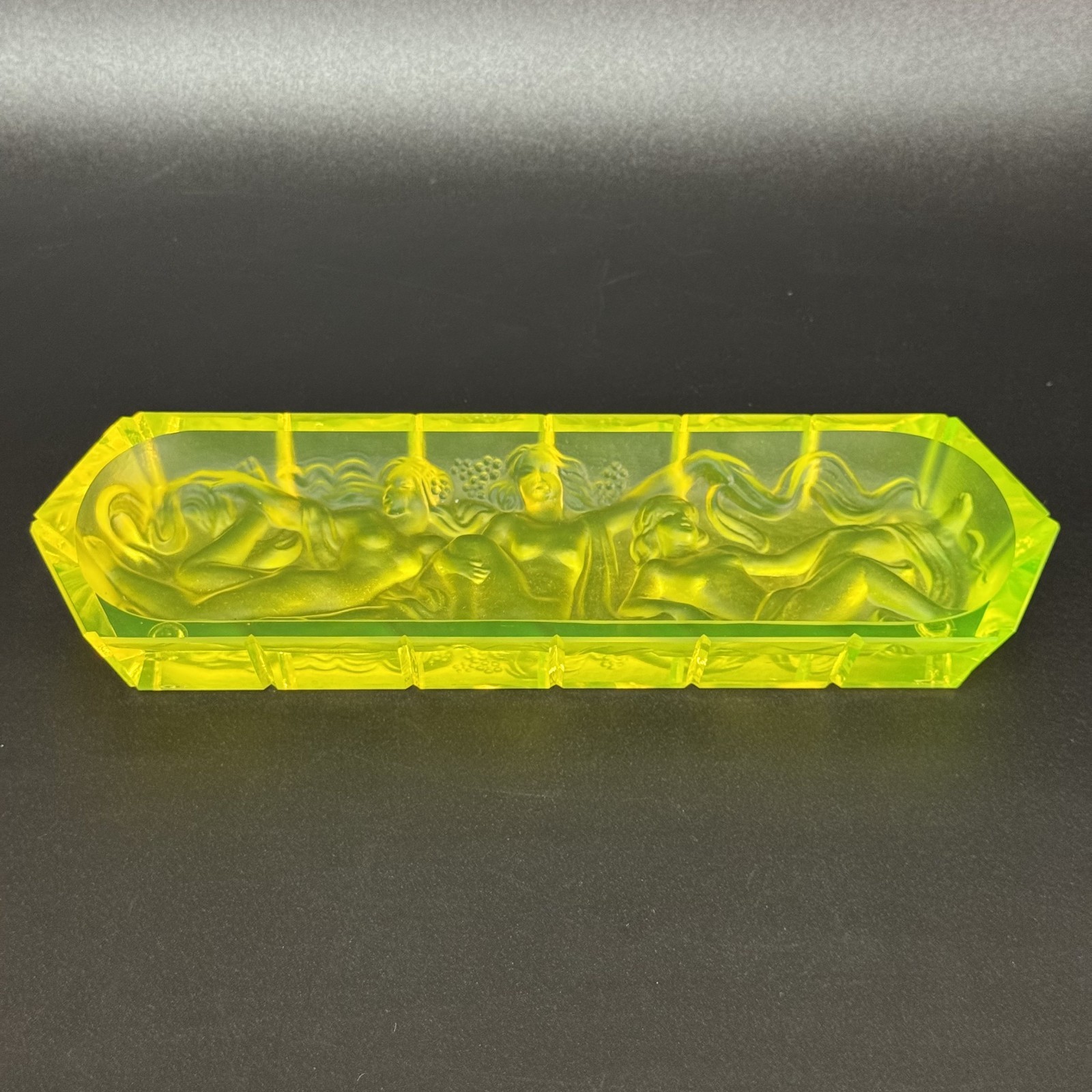 Vaseline Uranium Glass Three Graces Pin Dish Tray Art Deco Satin Glass
