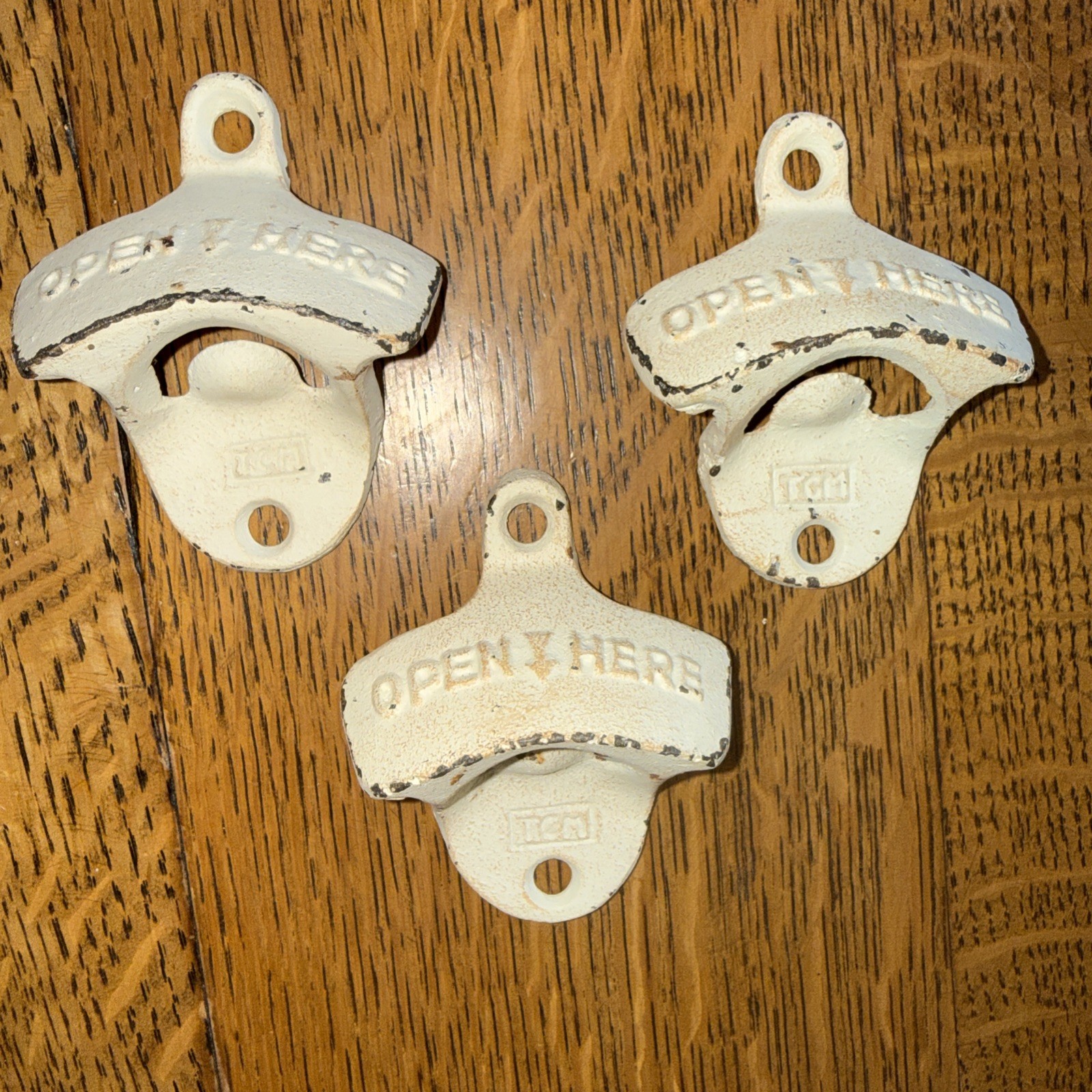 Vintage Cast Iron Wall Mounted Bottle Openers distressed Rustic White OPEN HERE