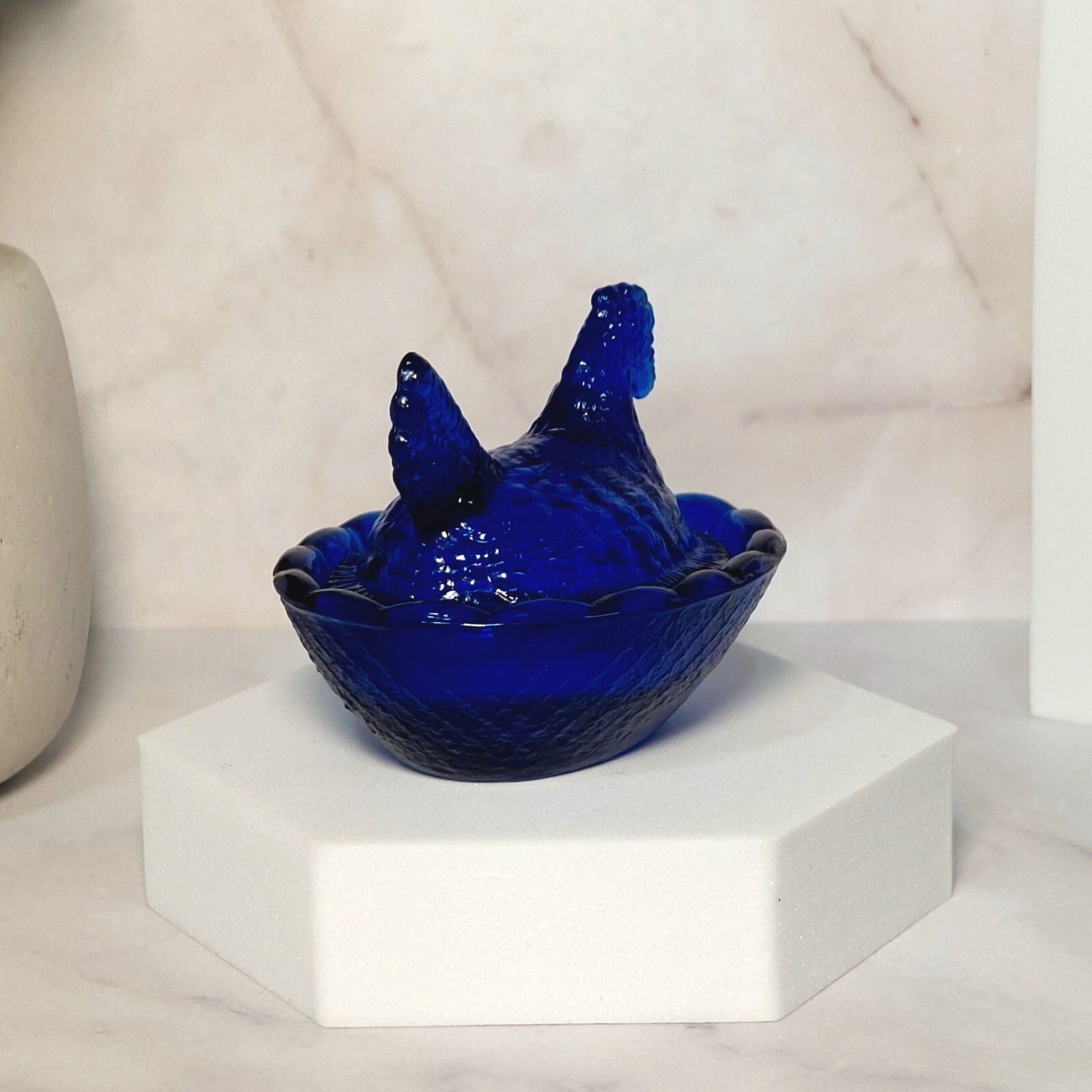 2 Hen on Nest Mini Chicken Salt Dish, Cobalt Blue Depression Style Glass Kitchen