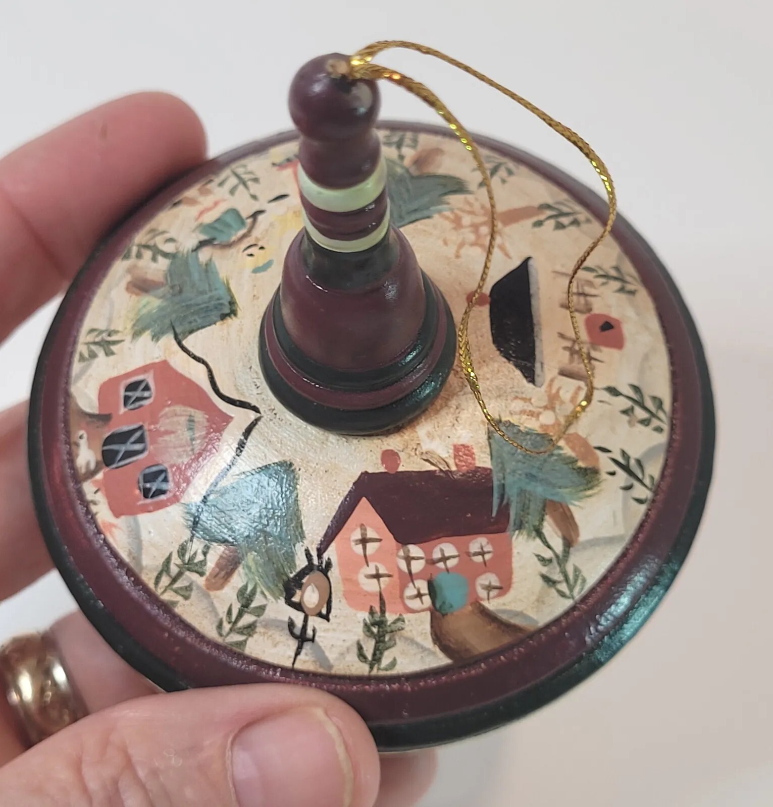 Vtg Primitive Toy Top Christmas Ornament Folk Art Style People Houses Snow 4″
