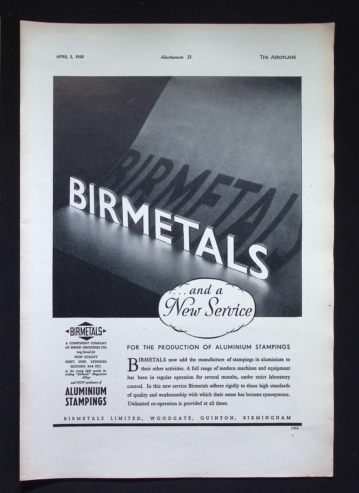 Original WWII Advert, BIRMETALS Aluminium Stampings, April 5, 1940 Vintage Print