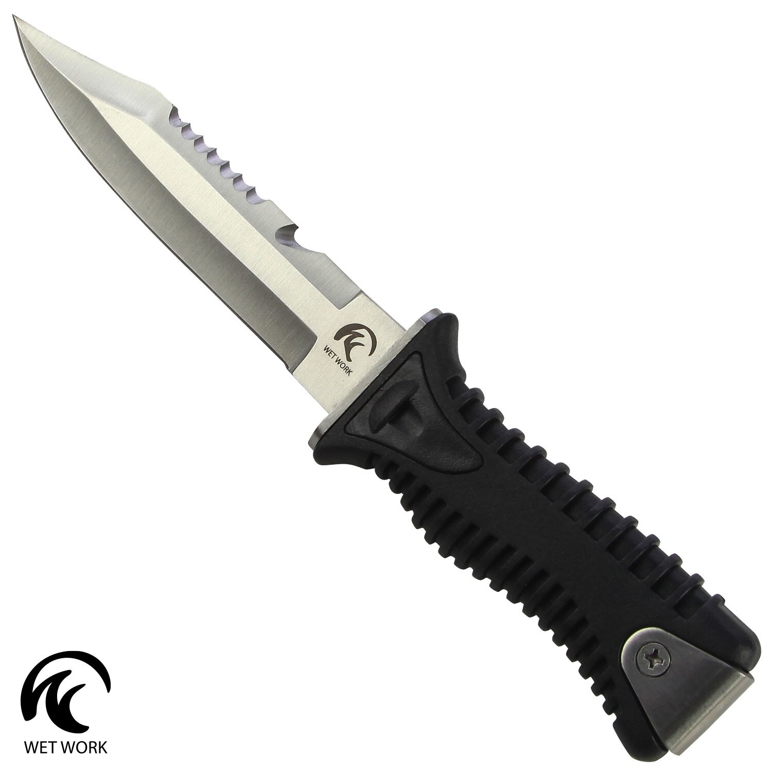 Wet Work Partially Serrated Fixed Blade Dive Knife w/Sheath- Black
