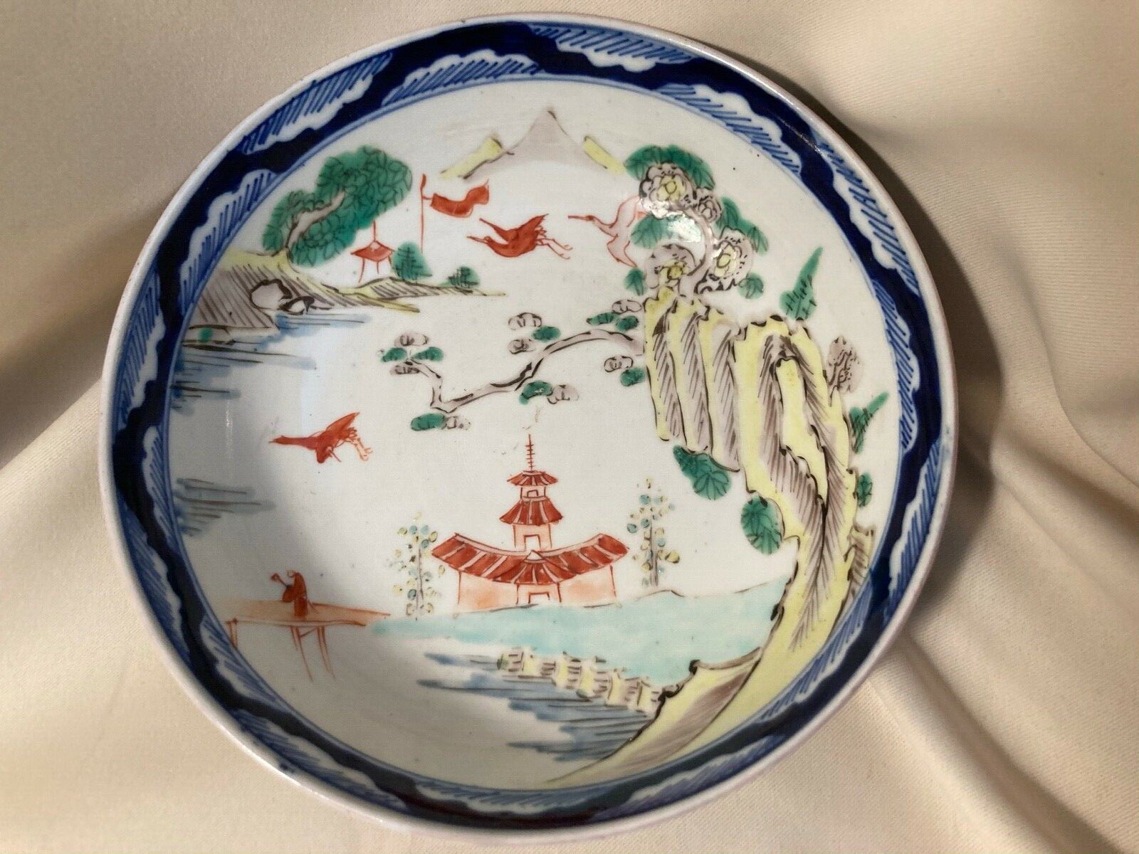 Chinese Wucai Iron Red Green Yellow Blue Birds Mountains Landscape Bowl