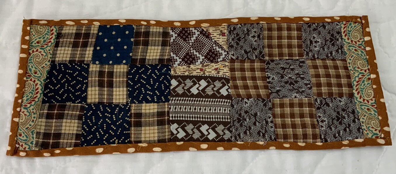 Antique Vintage Table Topper, Rectangle, Nine Patch, Early Calicos, Brown