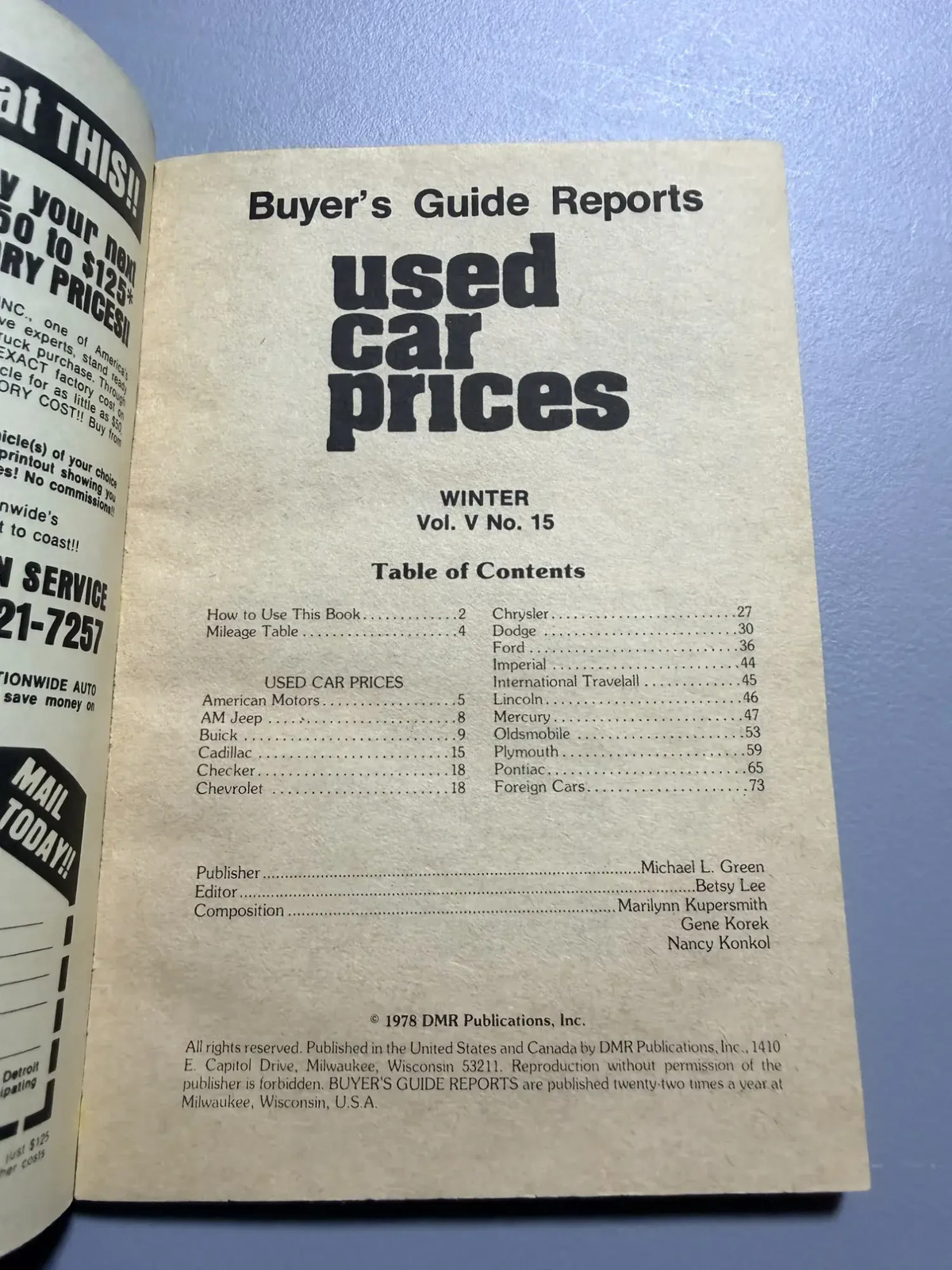 Buyer’s Guide Reports Used Car Prices Winter Vol V No 15 DMR Paperback Used