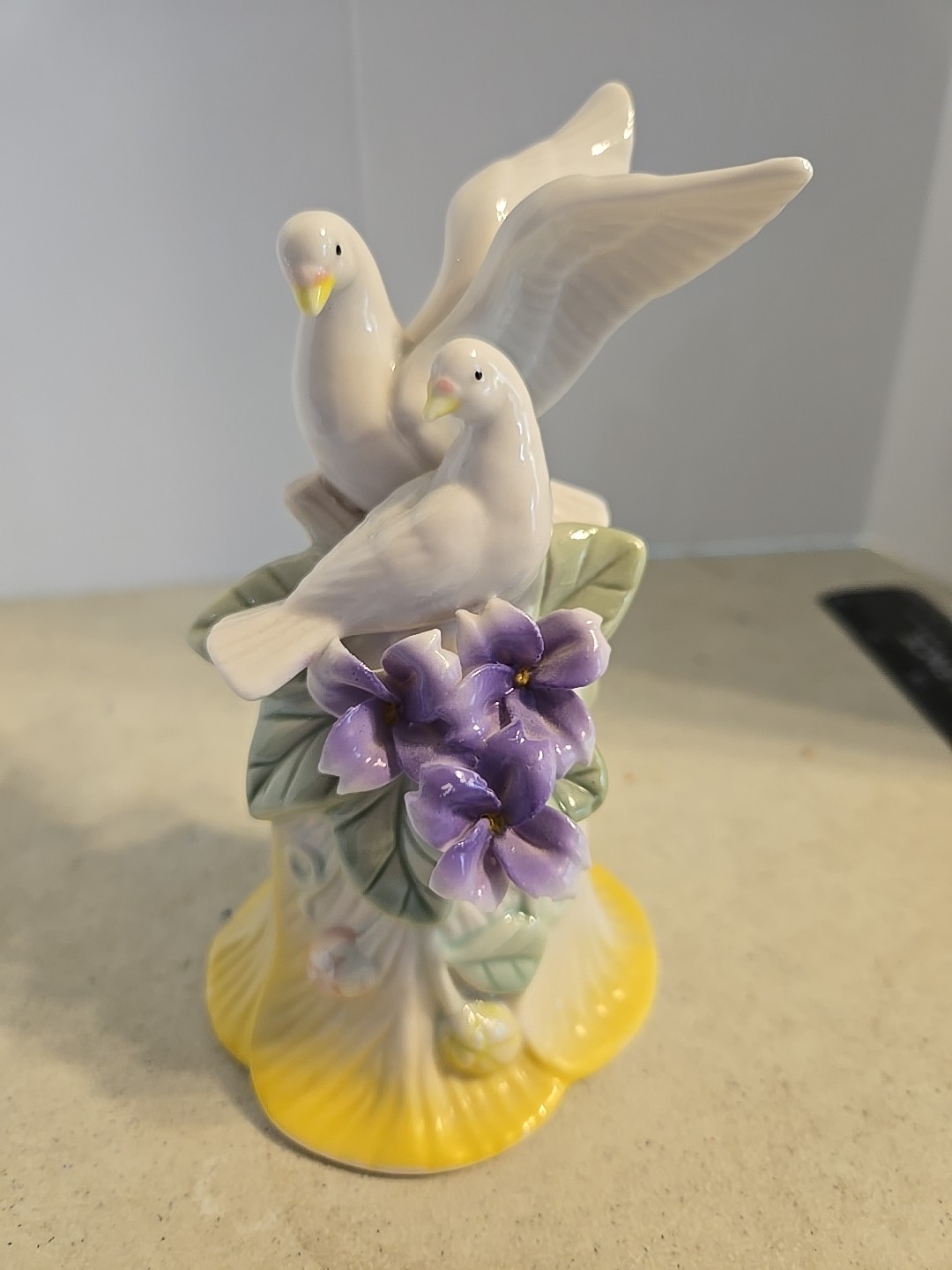 Vintage Porcelain Tulip Shaped Bell With 2 White Doves 5.5” Tall Purple Flowers