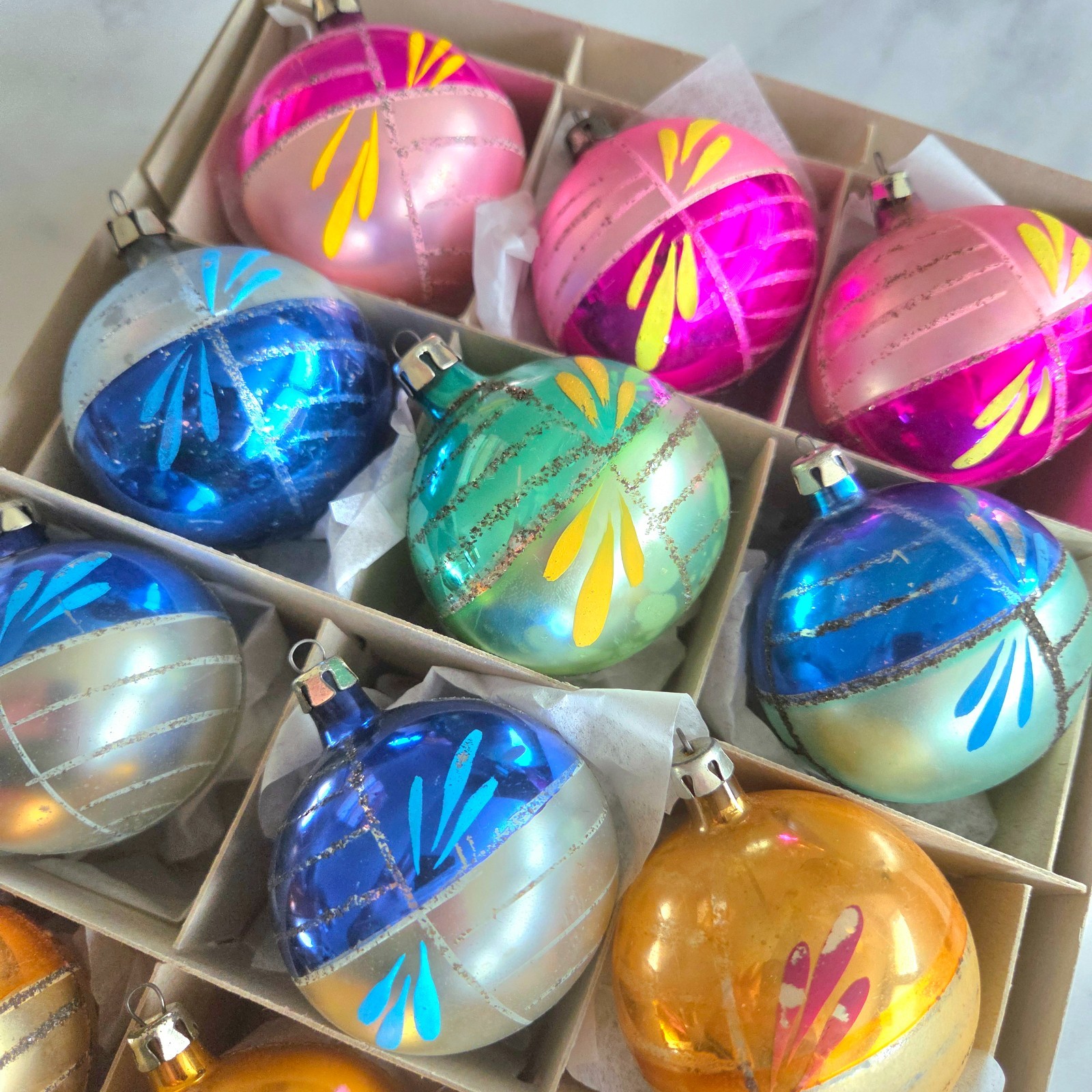 VTG 1950s Fantasia Christmas Ornaments Box 12 Mercury Glass Poland Striped MCM