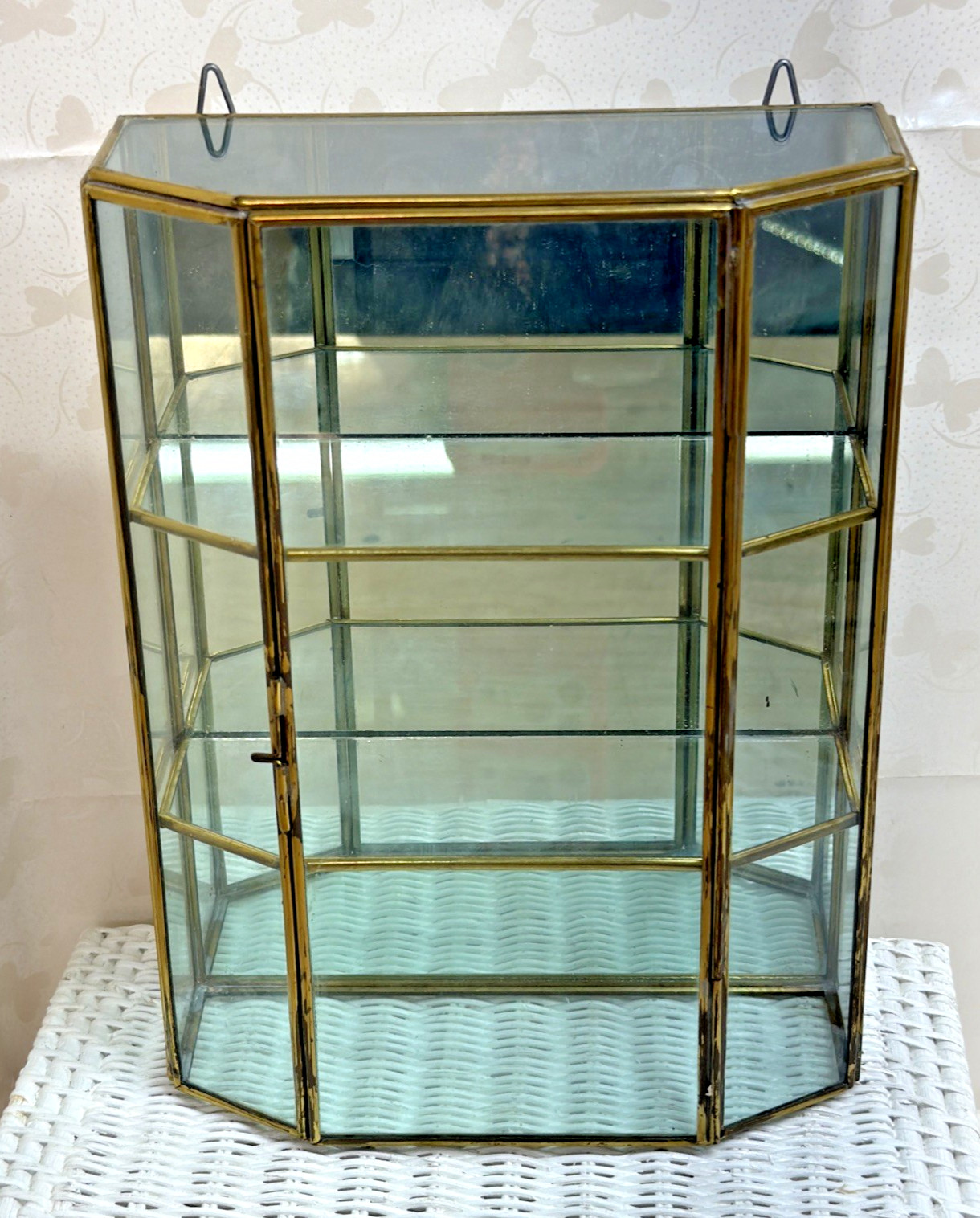 Vintage 10” Brass Glass Display Cabinet Octagon Curio Case Box Gold Mirror Back