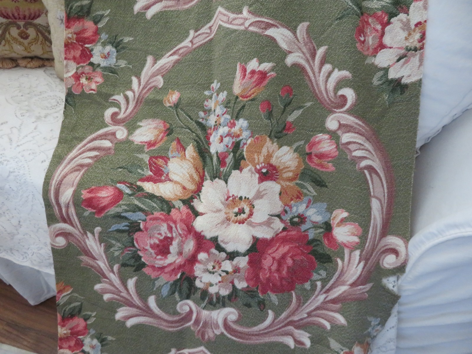 Gorgeous Romantic Scrolls PINK ROSES on Sage/Olive Green Fabric Barkcloth Fabric