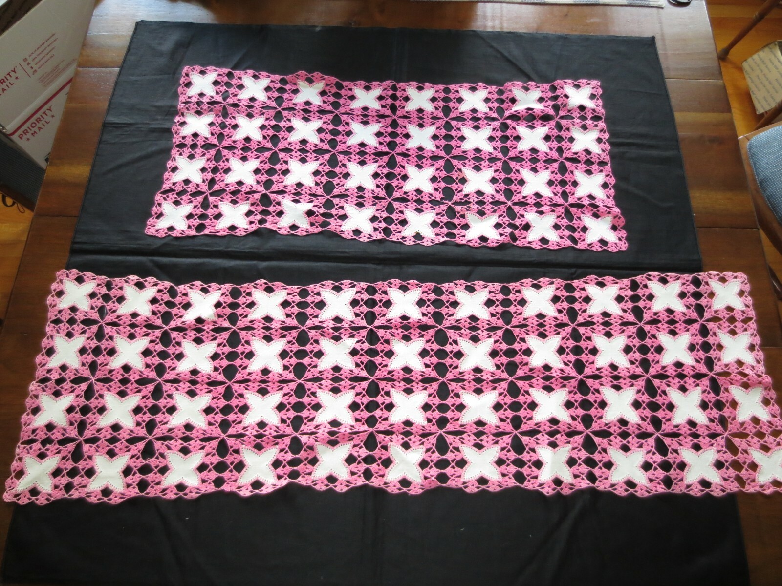 2 Vintage PINK & WHITE Criss Cross CROCHETED Runners – 12″ x 27″ & 12″ x 39″