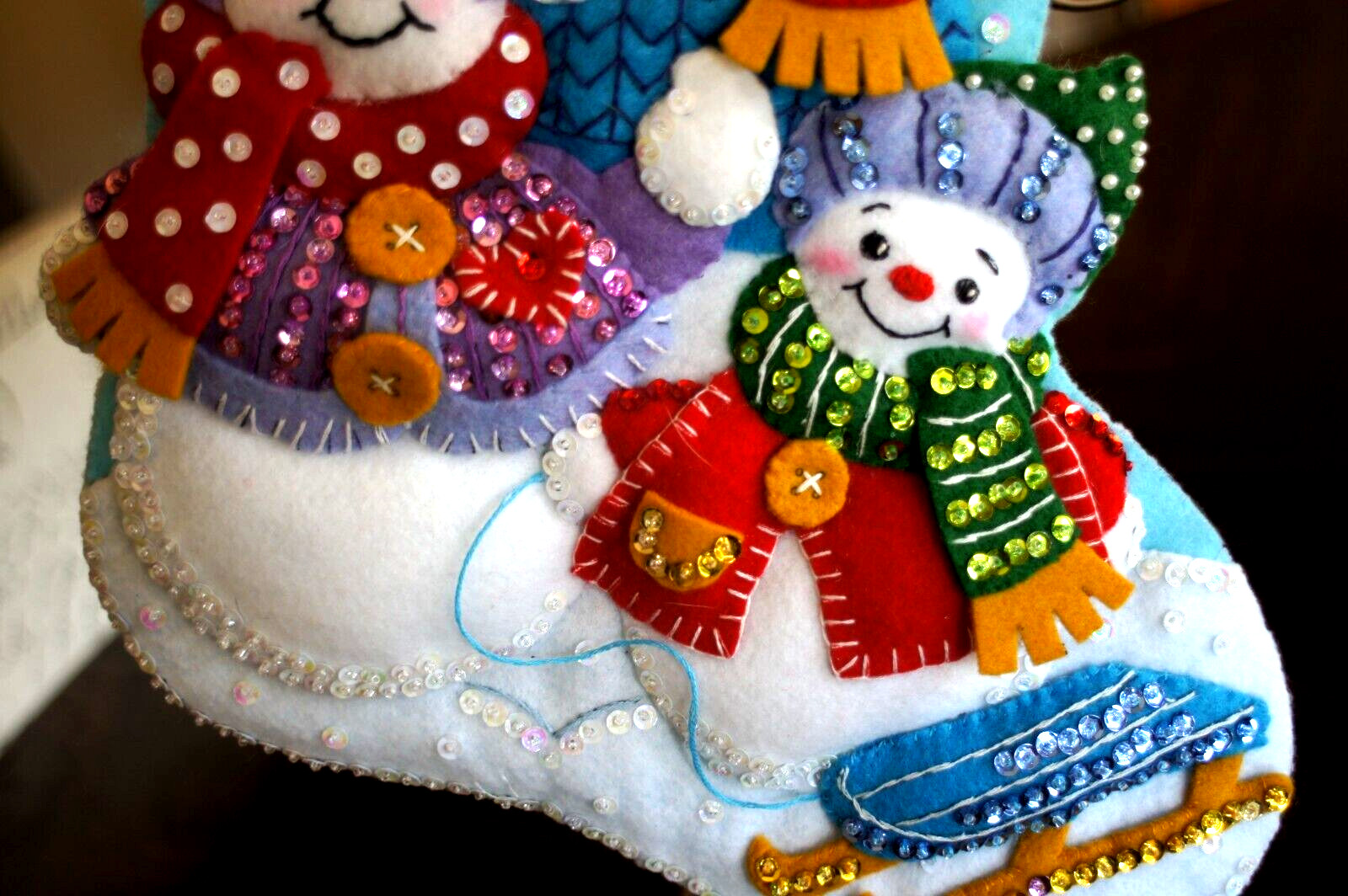 BUCILLA CHRISTMAS STOCKING-COMPLETED “SNOW FAMILY PORTRAIT”