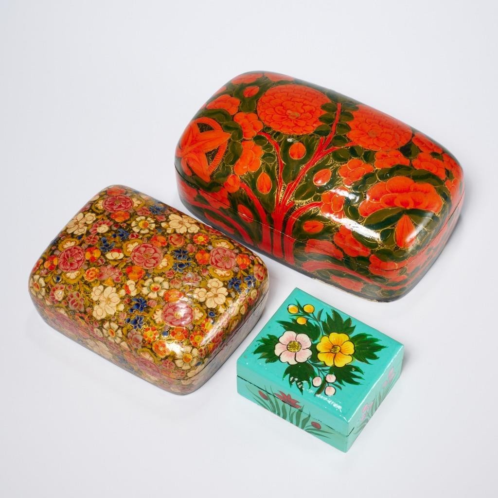 Vtg Hand Painted Floral Papier Mache Trinket Jewelry Box 3pc Lot Barbara Walters