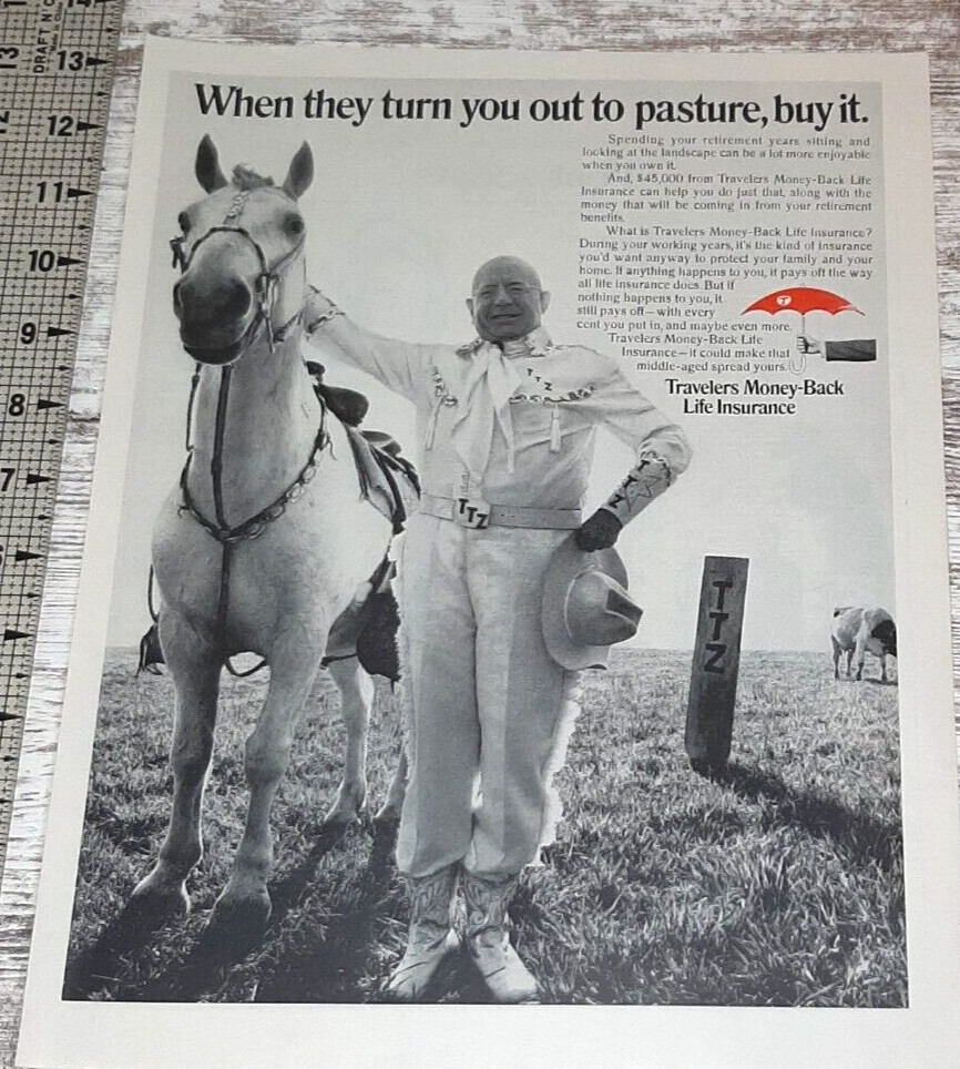 1967 Travelers Vintage Print Ad Money Back Life Insurance Horse Man Pasture Sign