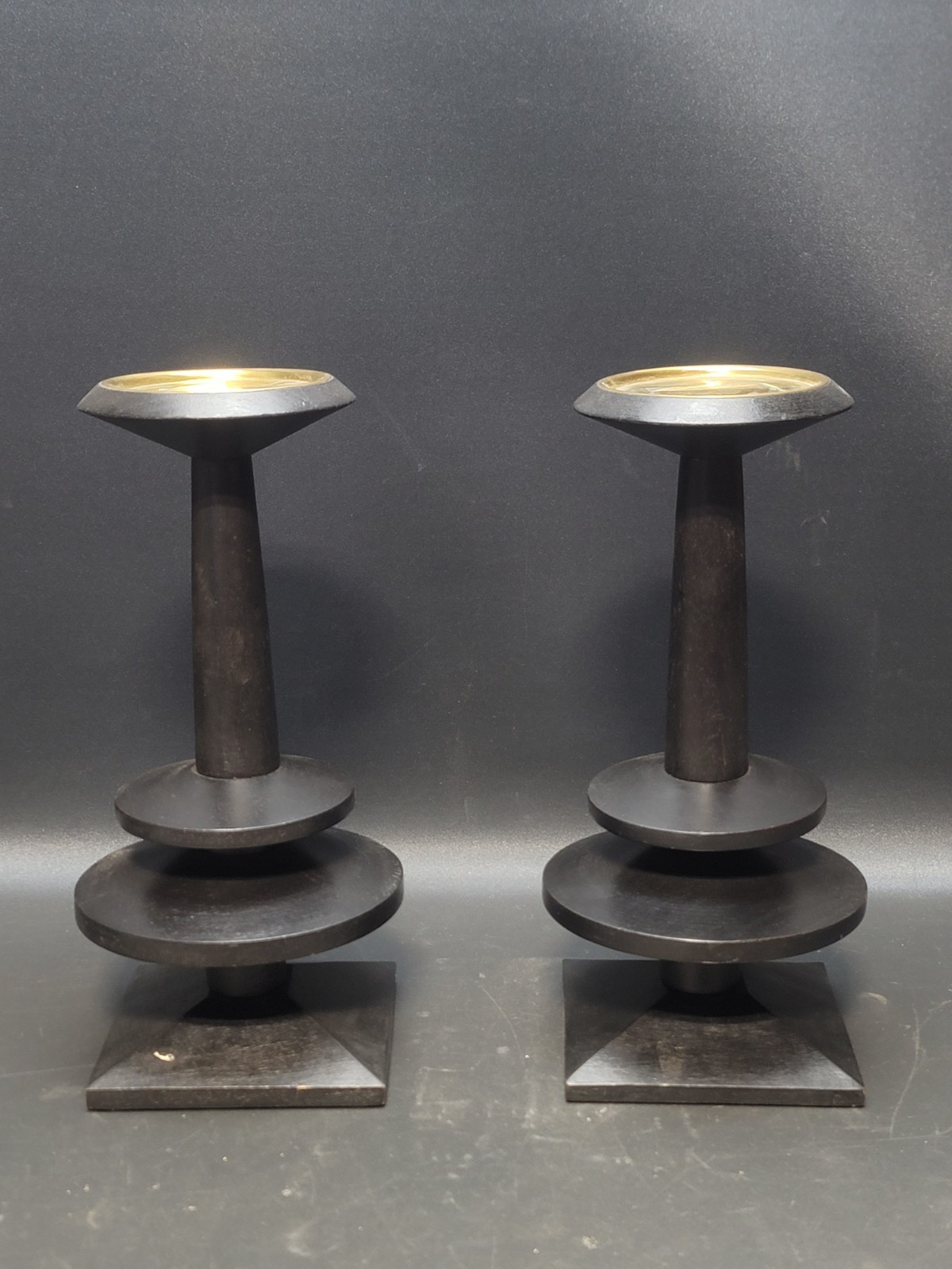 Pair of Ebony Wood Global Views Candle Holders