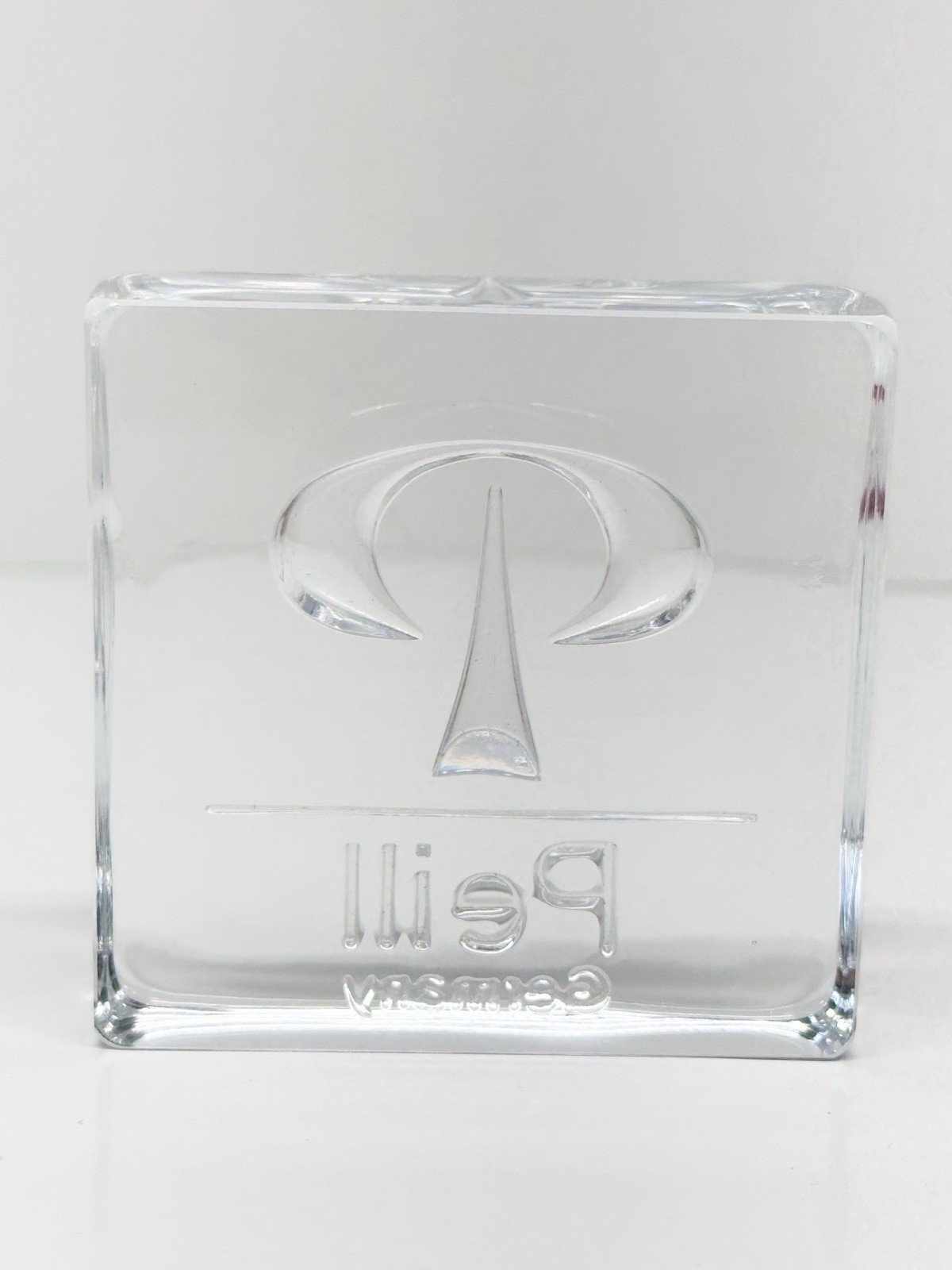 Vintage Peill Putzler Solid Crystal Etched Advertising Paperweight Employee