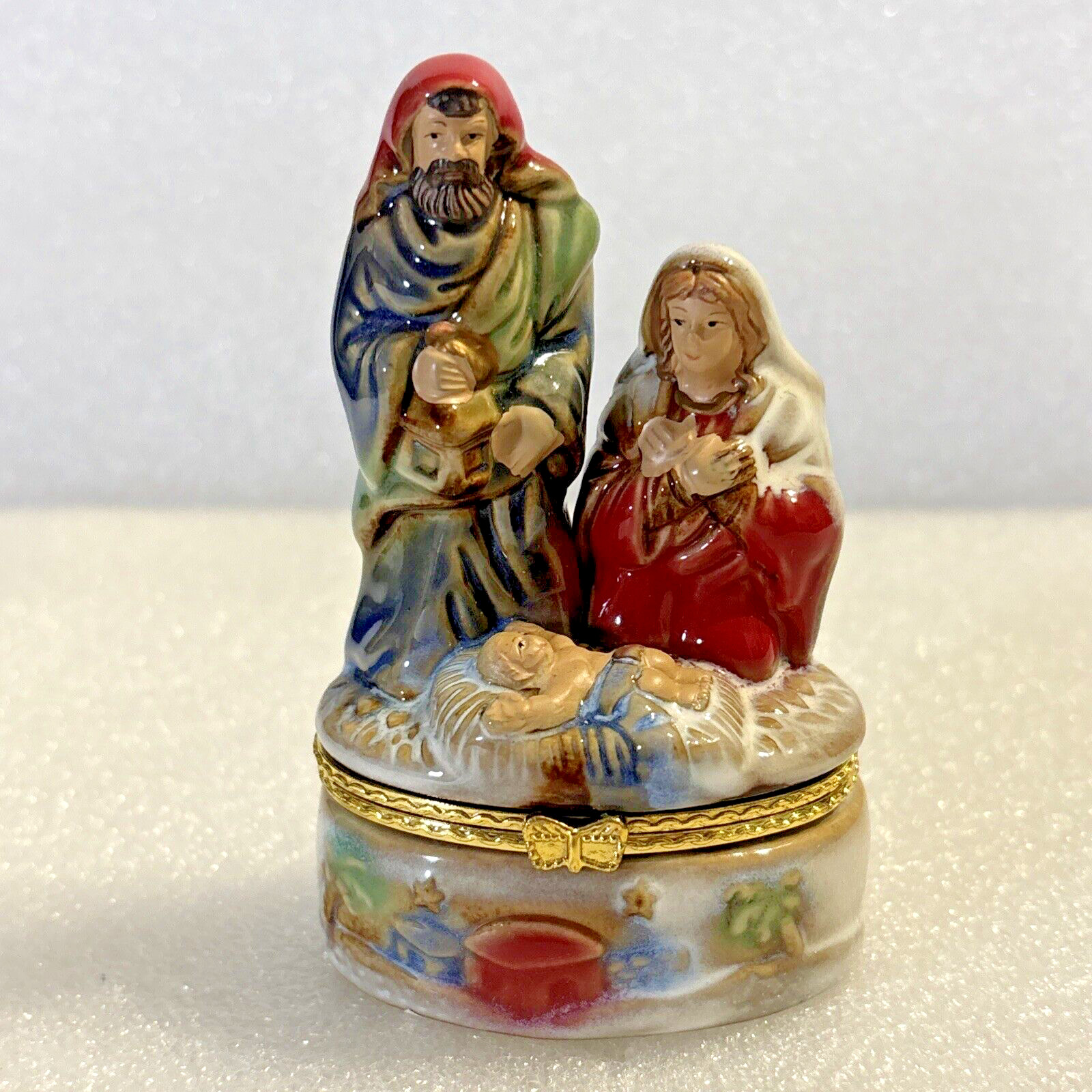Religious Nativity Joseph, Mary, Baby Jesus Porcelain Trinket Box Christmas 4″