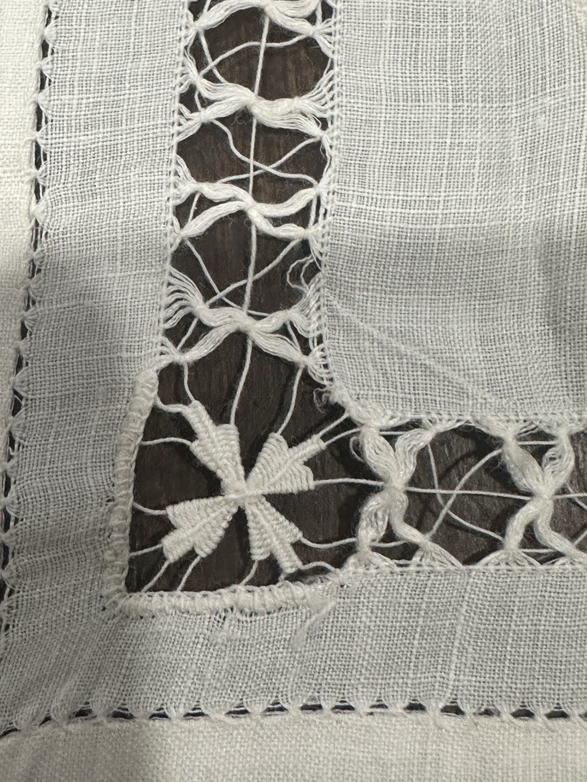 Vtg Table Topper 32” Square Wt Linen Handmade Tenerife Needle Lace Geometrics