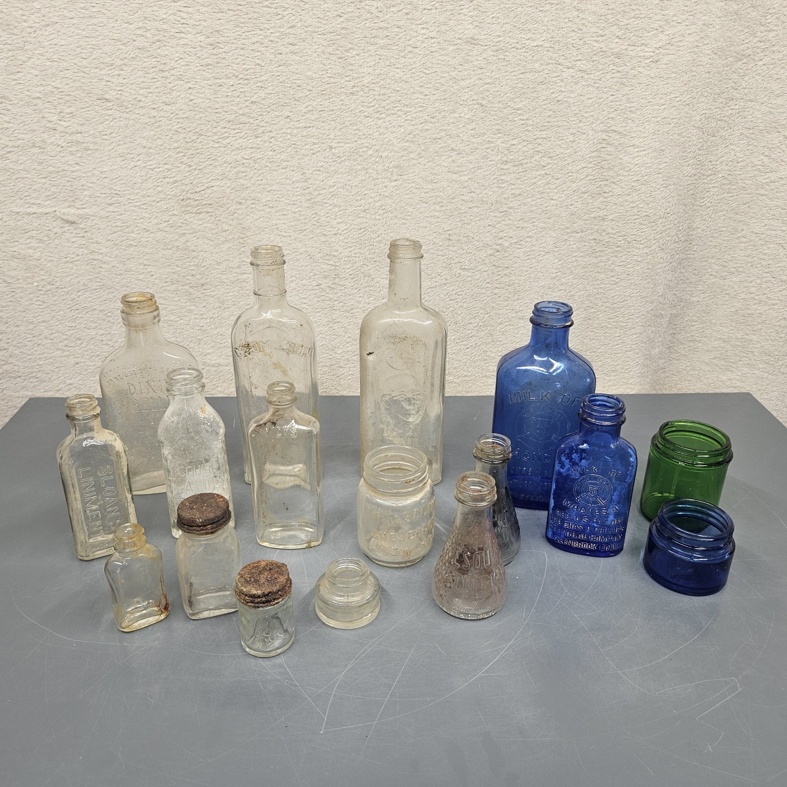 Antique Glass Bottle Lot Of 17 Clear Blue Green Collectible Medicine Bottles