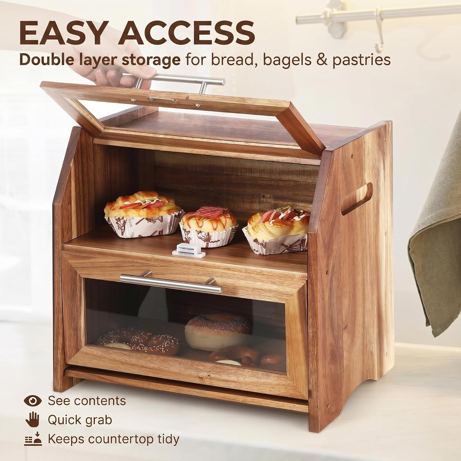 Garvee Bread Box for Kitchen Countertop, Double Layer Wooden Bread Box, Acacia B