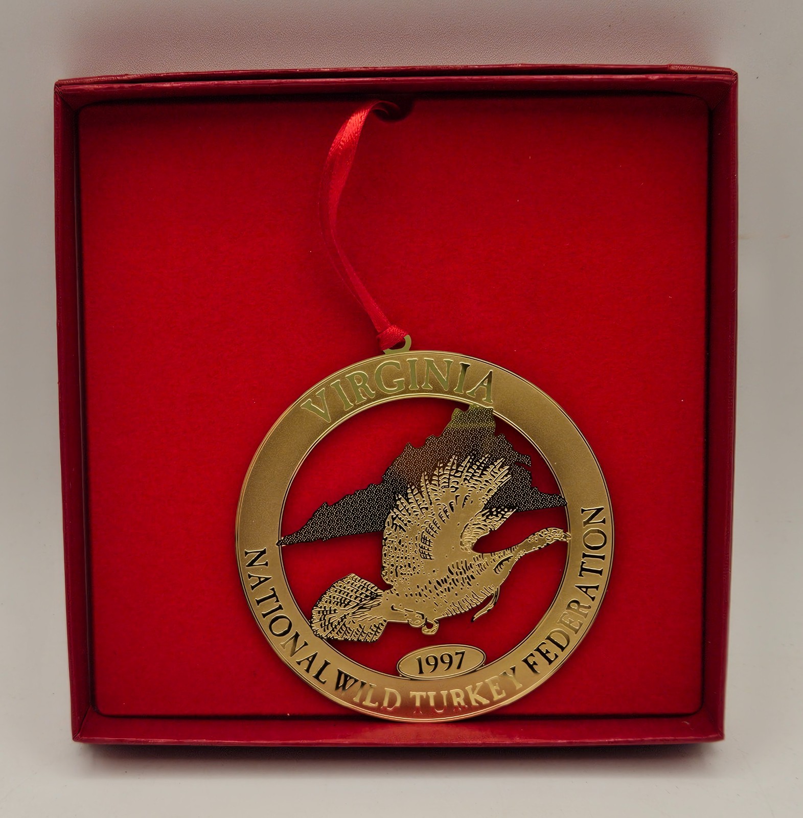 1997 Virginia NWTF National Wild Turkey Federation Gold Christmas Ornament w Box