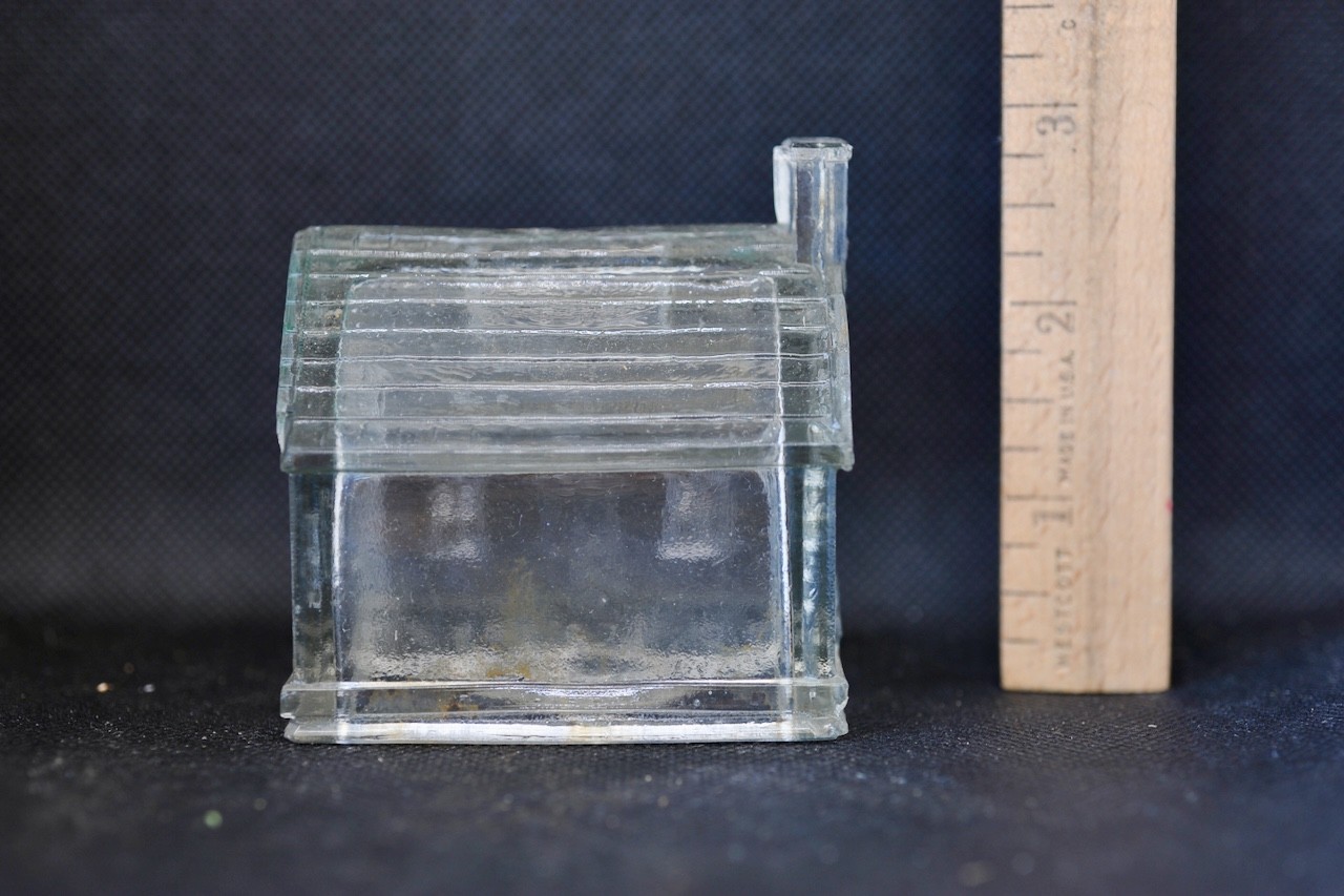 ANTIQUE GLASS VINTAGE CANDY CONTAINERS: Lot of 4-Liberty Bell, Bus, Home, Engine
