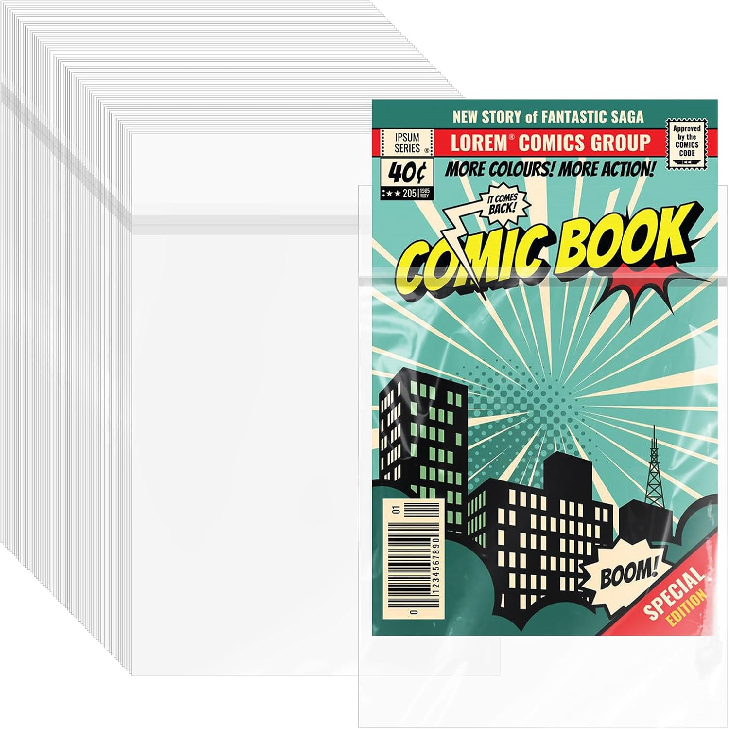 VOKOY 100 Pack Resealable Current Size Comic Book Bags, Crystal Clear Self Seali