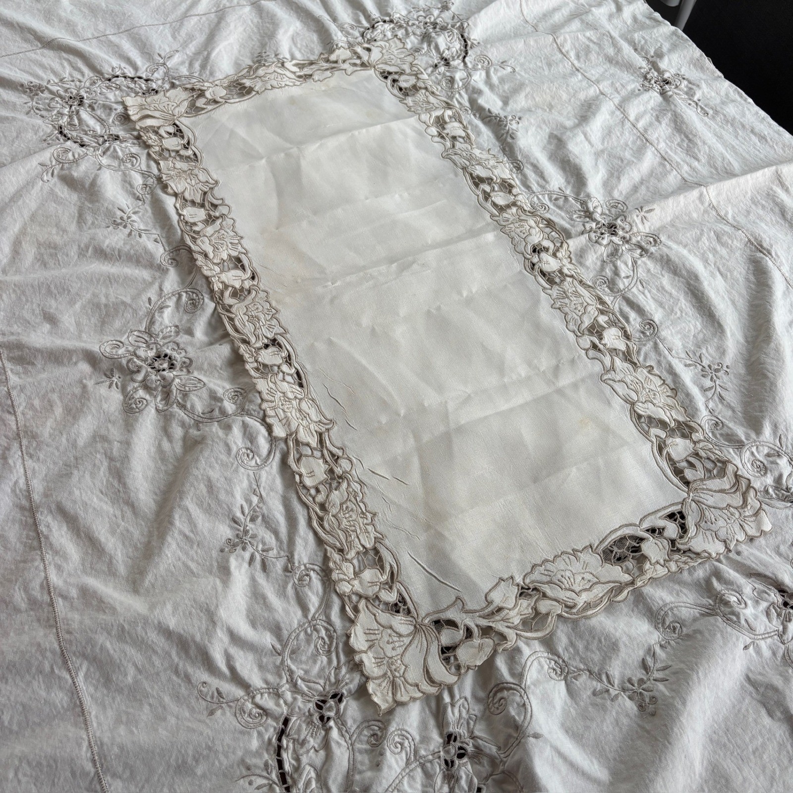 Vintage Cream Embroidered Linen Tablecloth + Table Runner Cutwork Lace 59×48