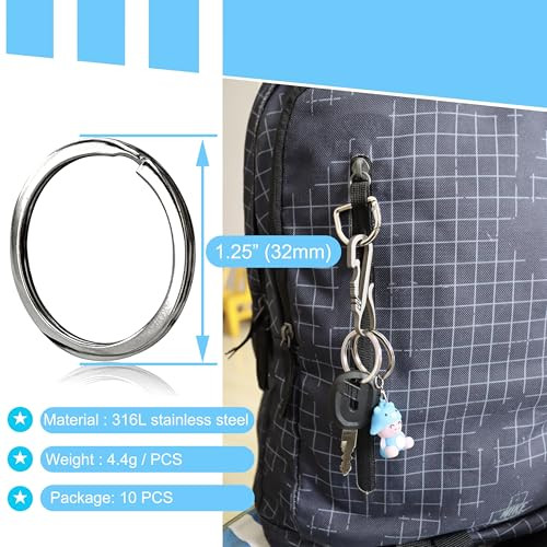 Key Ring – 316L Stainless Steel Flat Keyrings – 10Pcs 1.25″ (32mm) Round Split