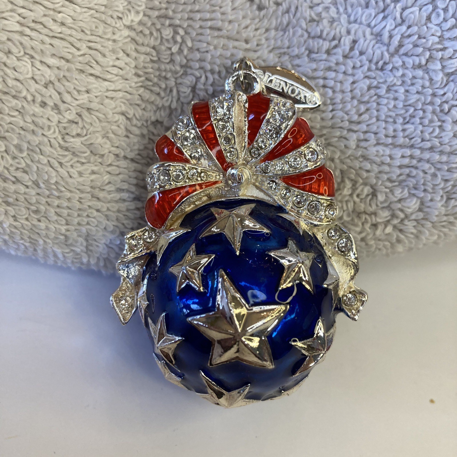Patriotic Red White & Blue Star Spangled Ball Ornament Enamel Silver USA’s 250th