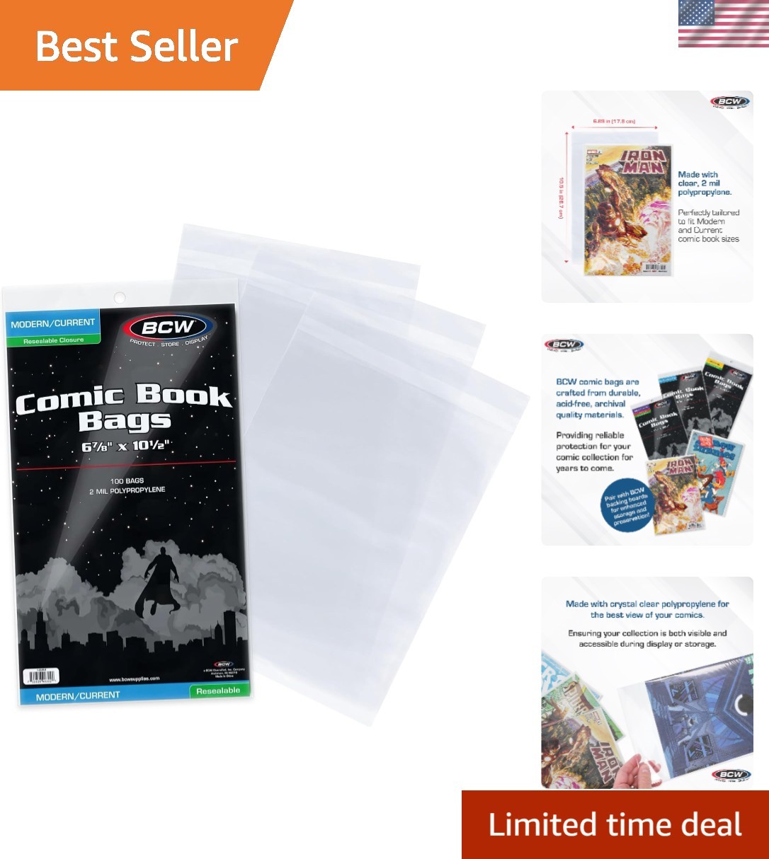 Resealable Current/Modern Comic Bags – 100 ct | Acid-Free Modern Comic Bags f…