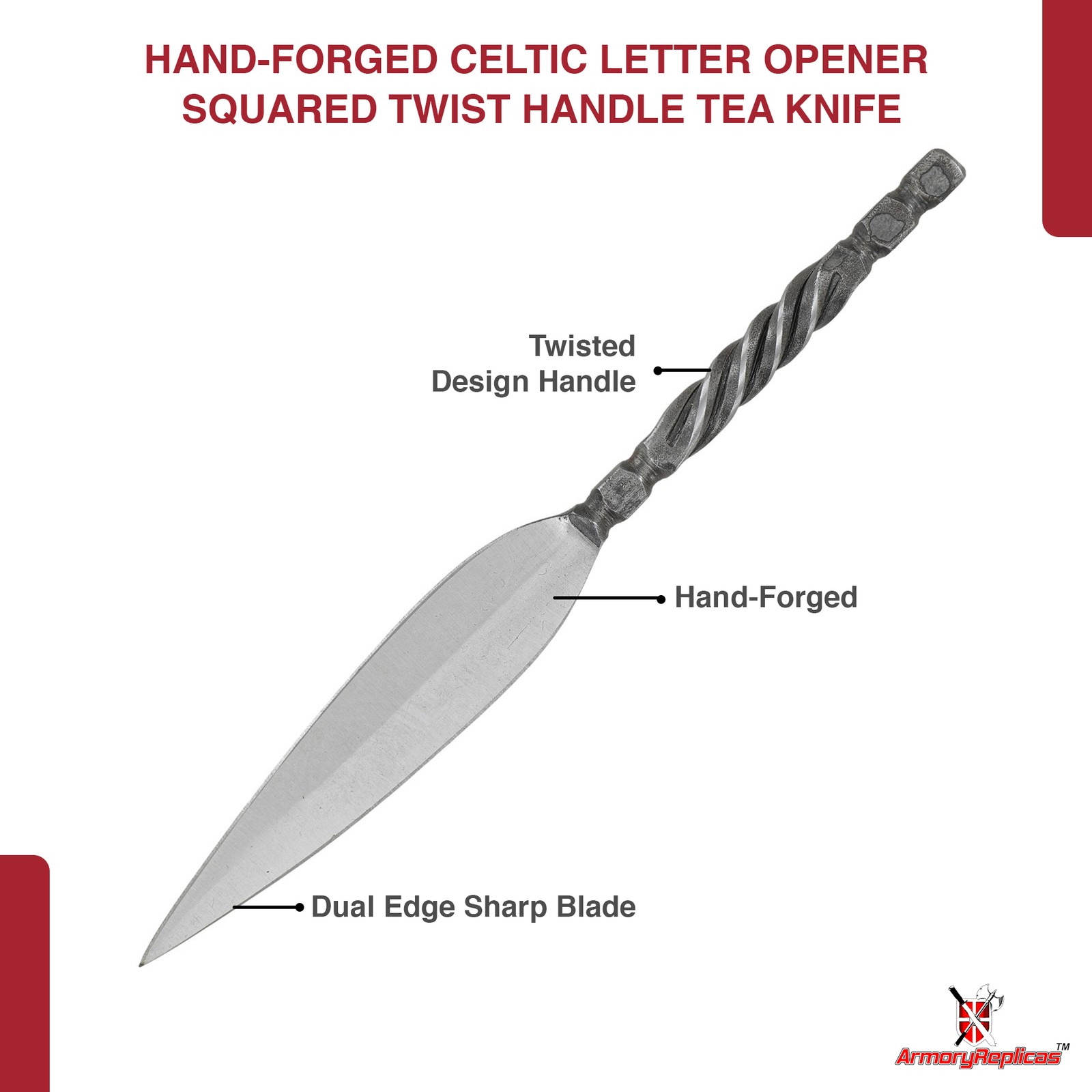 Hand Forged Celtic Letter Opener Squared Twist Handle Carbon Steel Full Tang