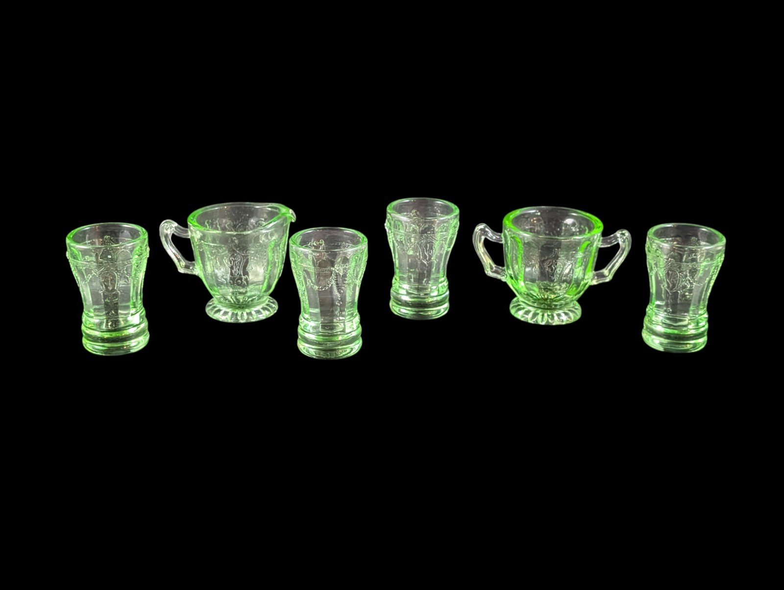 VTG Green Cameo Ballerina Miniature Depression Glass Creamer Sugar, Glasses Set