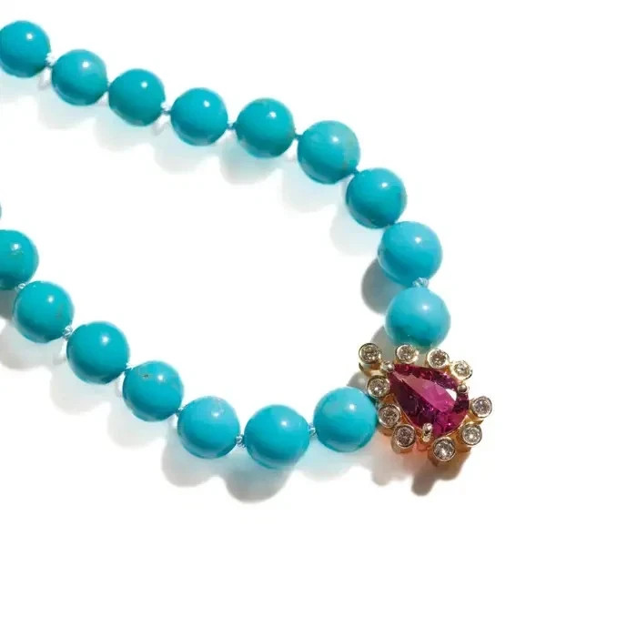 Turquoise Pink Rubellite Tourmaline Diamond Necklace in 10K Yellow Gold Over 18″