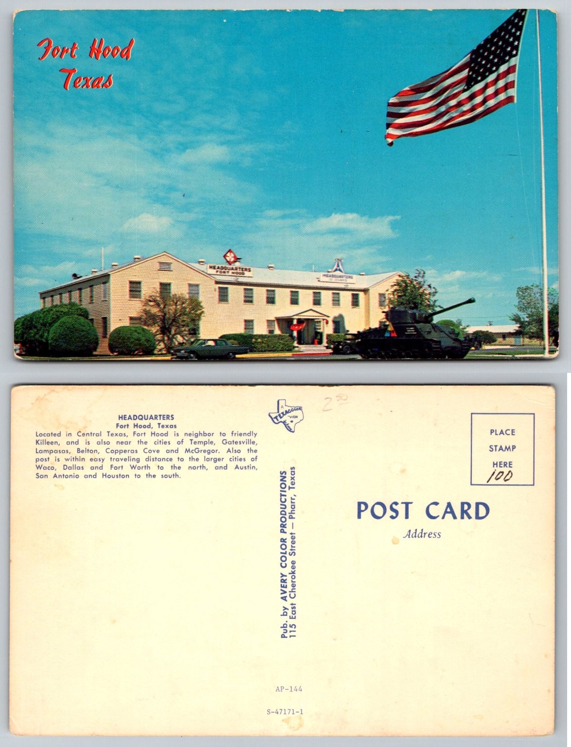 Vintage Fort Hood Texas Headquarters Postcard US Flag Tank Avery Chrome