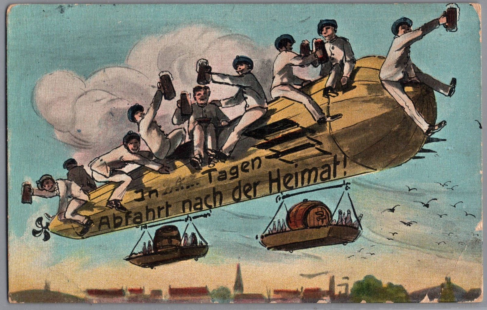 1912 German Zeppelin Crew Holding Beers Brewing Humor Cartoon Picture Postcard /