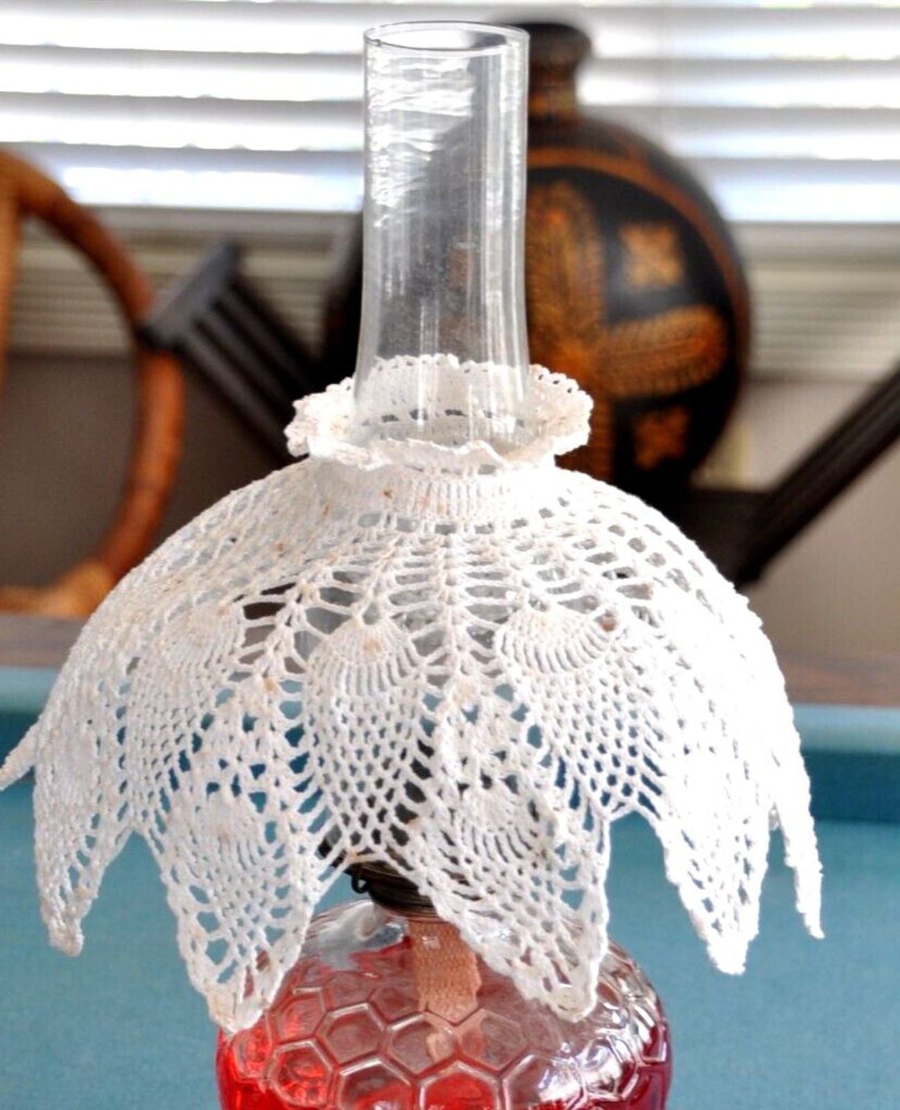 Hand Crocheted Lamp Shade (oil lamp NOT included) Starched Cover Doily