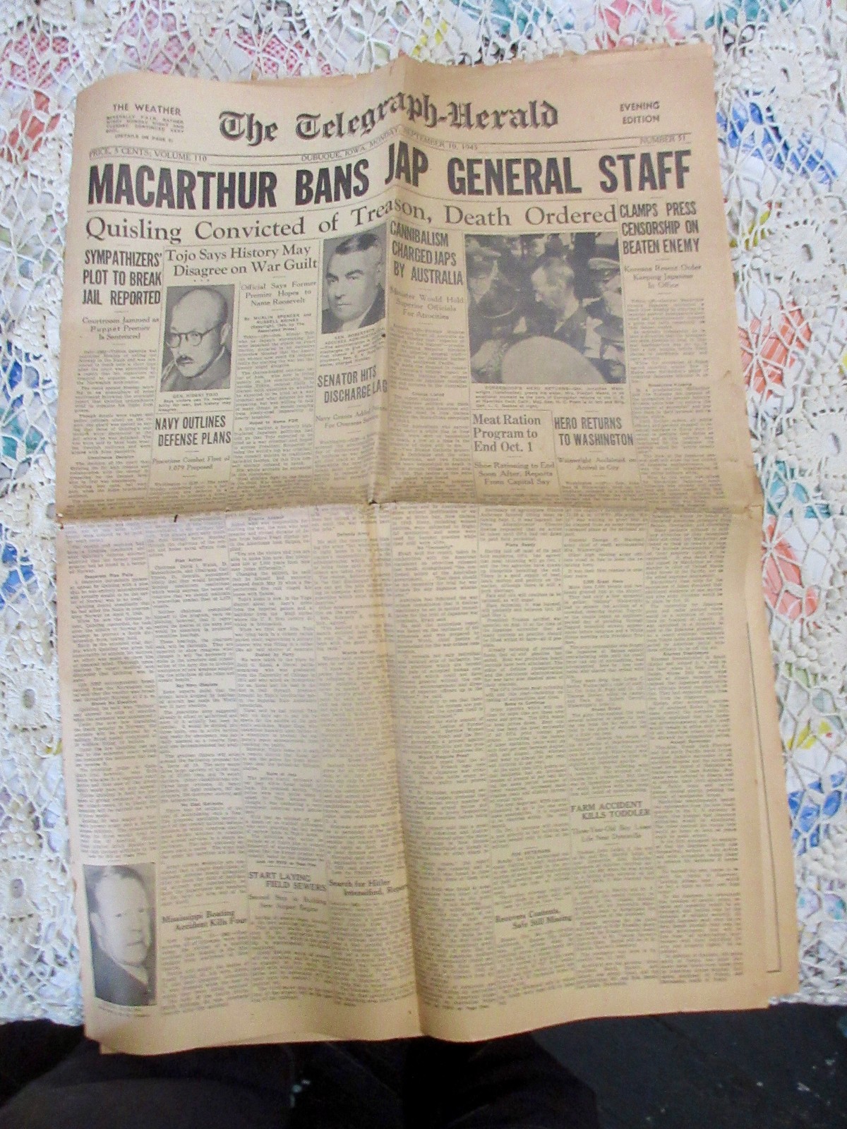 Newspaper WWII-WW2 Dubuque T- Herald 9/10/1945 “TOJO SAYS HISTORY MAY DISAGREE”
