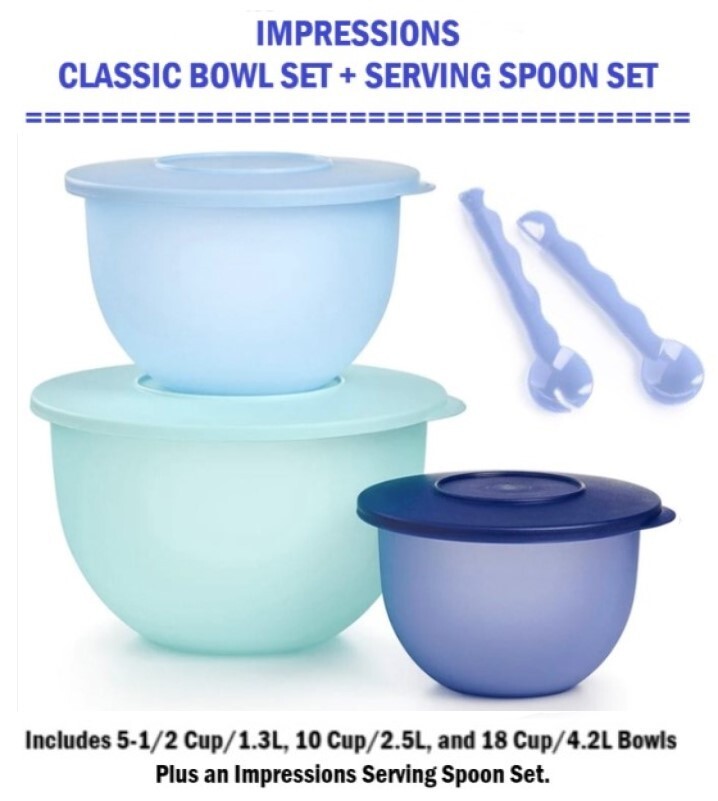 Tupperware IMPRESSIONS CLASSIC BOWL SET + SERVING SPOONS ~5-1/2, 10, 18 Cup~ NEW