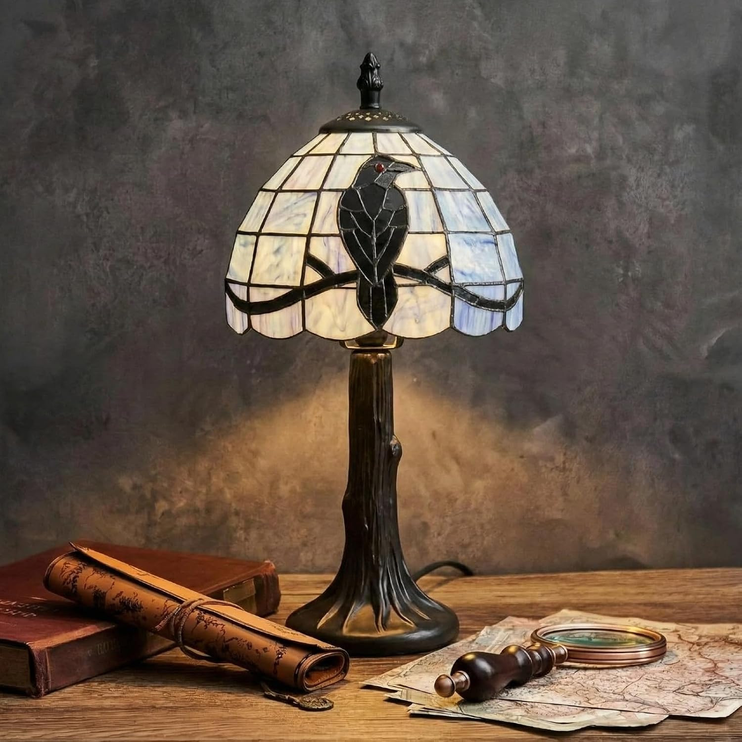 Stained Glass Raven Lamp Table Light with Handcrafted Lampshade – Vintage