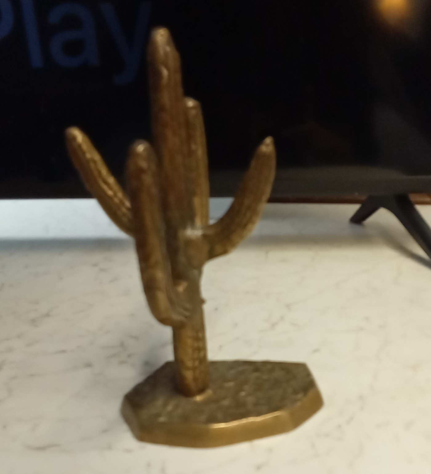 Gold Metallic Metal Cactus Figurine Sculpture, 3D Effect Nature Decor